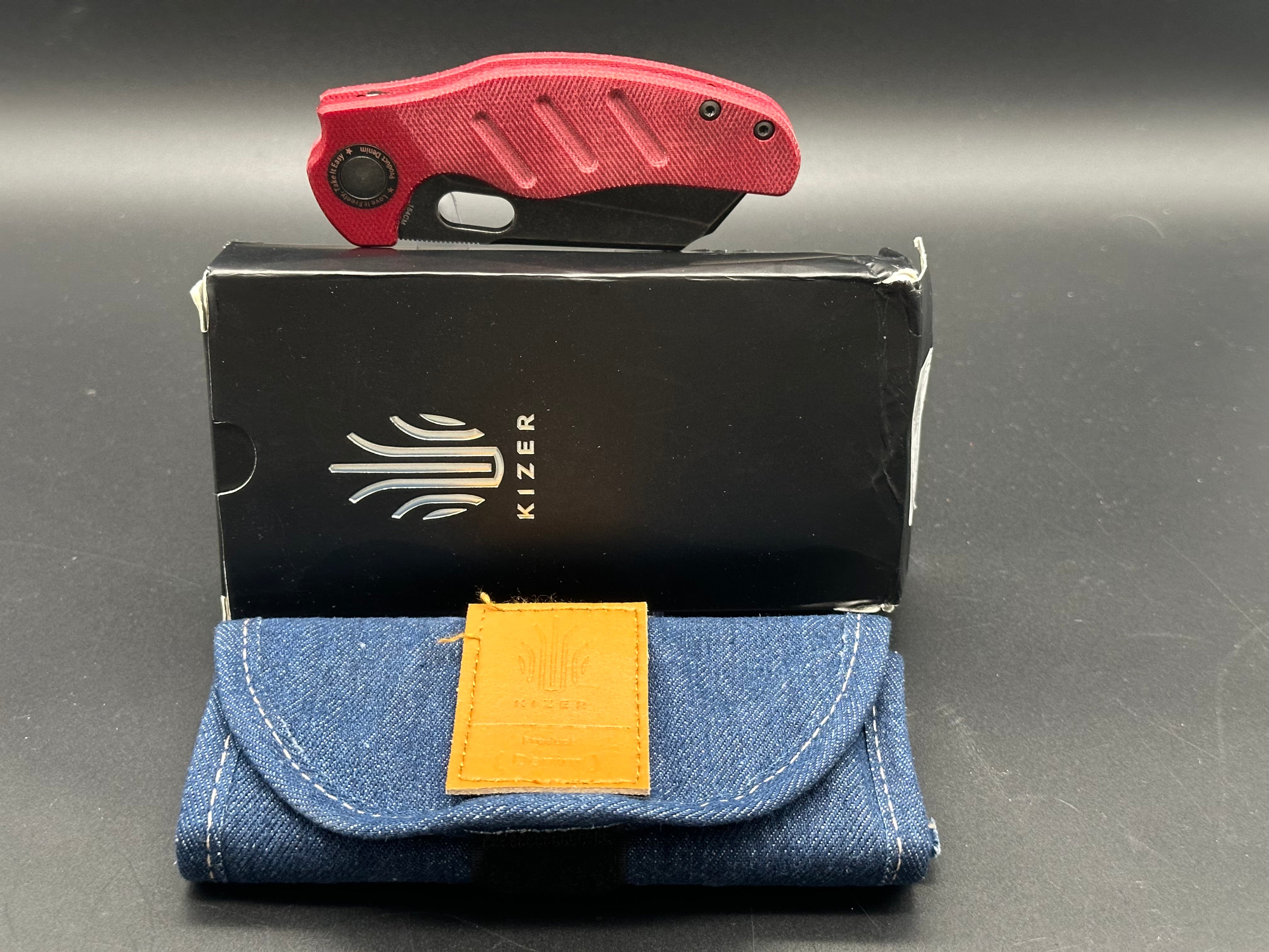 Kizer C01C Sheepdog Folding Knife - Red Denim Micarta Handle, 3.29