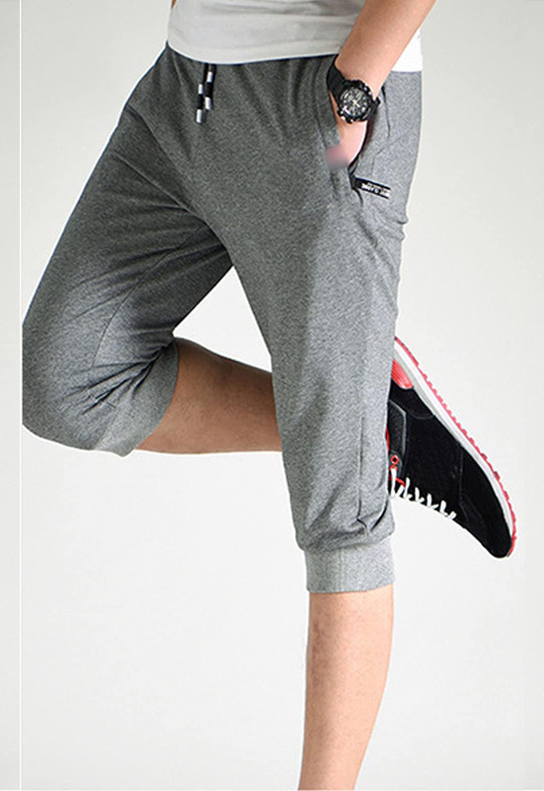 Flygo Men's Sweat Shorts - Below Knee Cotton Workout Shorts for Bodybuilding, Running & Jogging | 3/4 Length Capri Pants for Gym, Training & Casual Wear