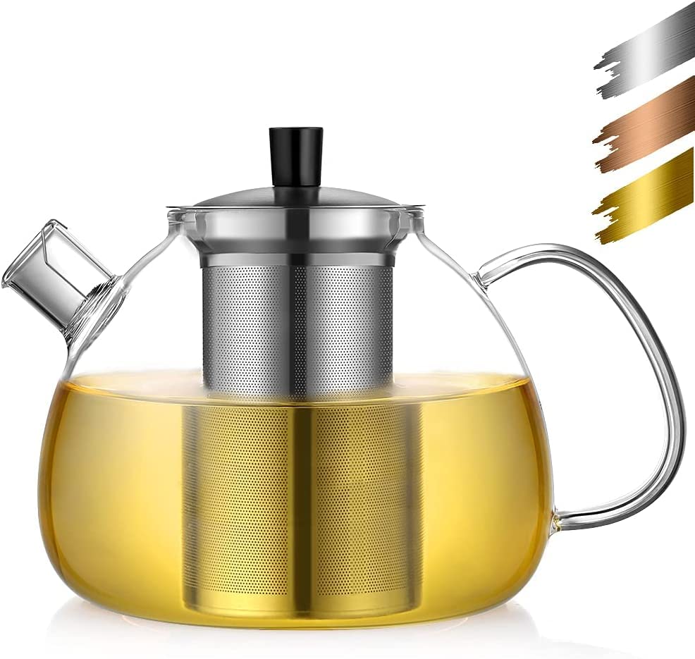 51oz Large Glass Teapot with Infuser - Stovetop Safe Loose Leaf Tea Pot, 1500ml Clear Glass Tea Kettle with Strainer for Stove Top (6 Cups) - Perfect for Home, Office, Tea Parties & Gift Giving