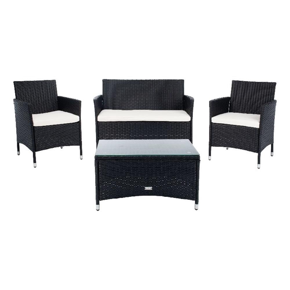 SAFAVIEH PAT7506A Bandele Black & Beige 4-Piece Outdoor Patio Set - Durable Wicker Furniture for Garden, Poolside & Backyard Relaxation