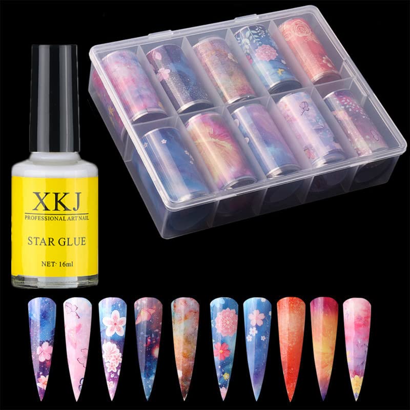 10 Roll/Set Colorful Starry Sky Nail Foil Transfer Stickers - Gradient Glitter Nail Art Decoration Kit with Professional Star Glue (Flower Style) | DIY Manicure, Salon Nail Design, Party & Special Occasion Nail Art