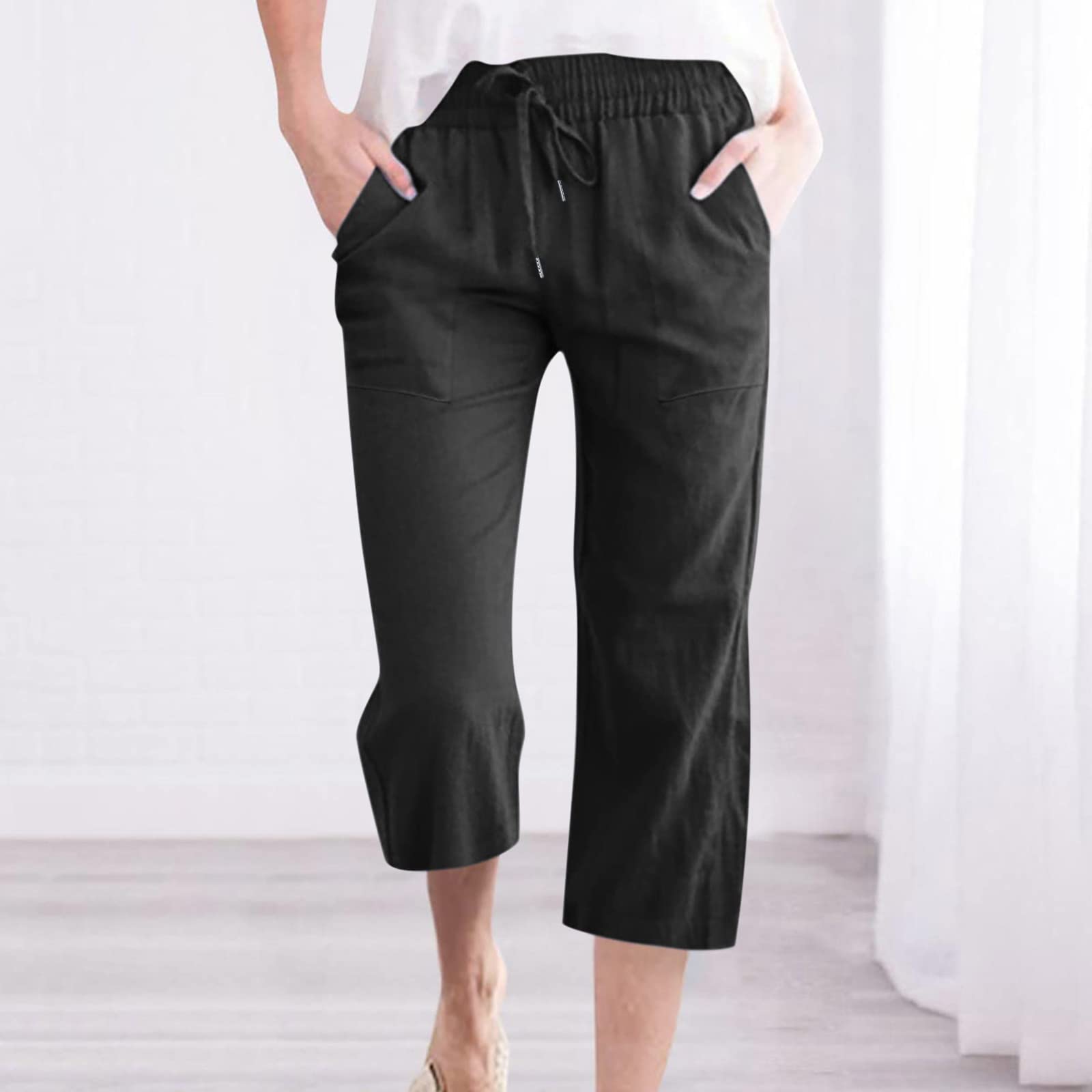 BADHUB Women's Linen Pants - Elastic Waist Drawstring Cropped Capri Trousers with Pockets | Breathable Summer Casual Pants for Beach, Travel & Everyday Wear