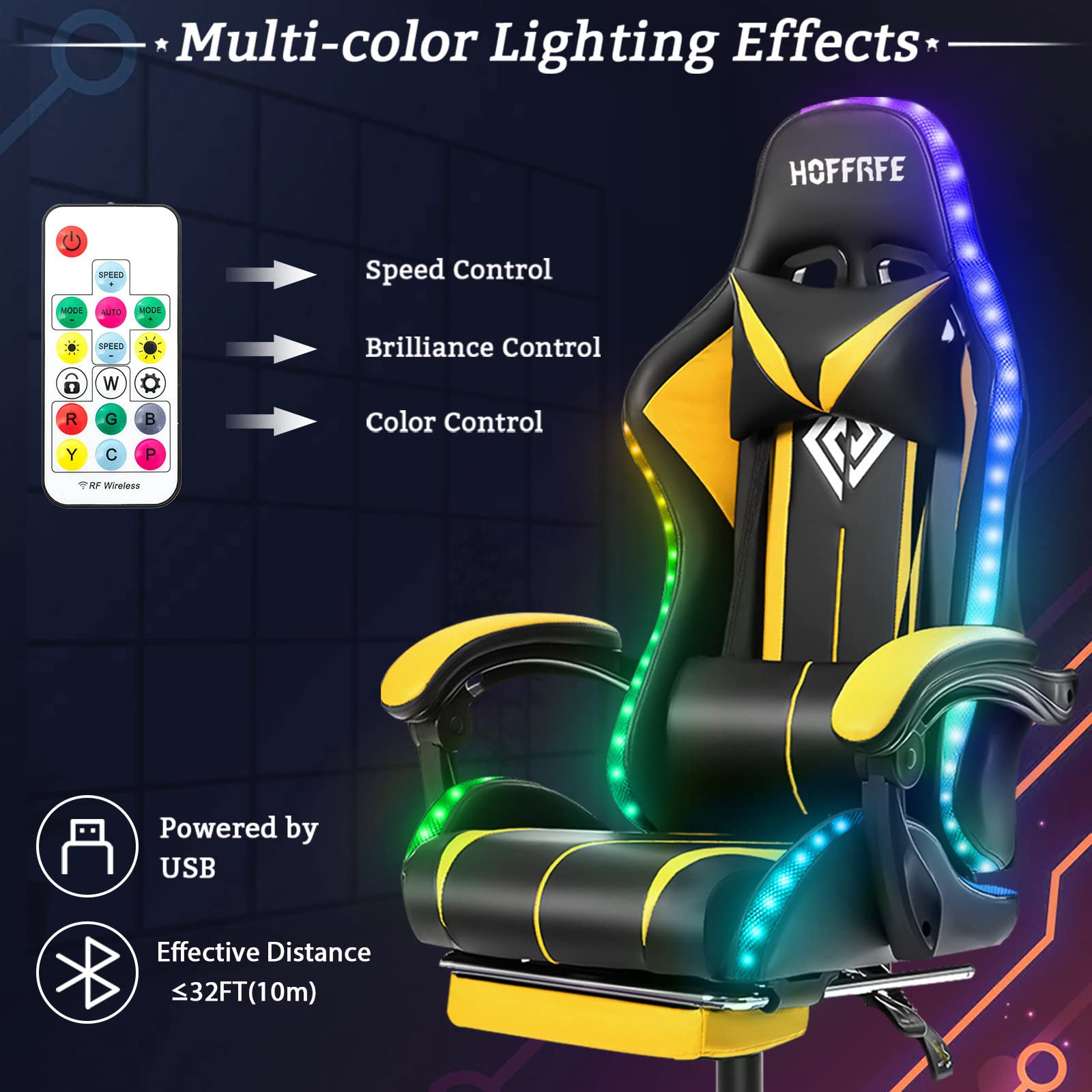 Ergonomic Gaming Chair with Bluetooth Speakers, RGB LED Lights & Massage - High Back Computer Chair with Adjustable Footrest & Lumbar Support (Yellow/Black) - Perfect for Esports, Streaming & Home Office Setup