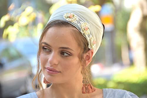 White Soft Flowers Headband - Elegant Tichel, Snood & Head Scarf for Women | Jewish Headcovering, Bandana & Hair Accessory | Perfect for Religious Occasions, Weddings & Everyday Wear
