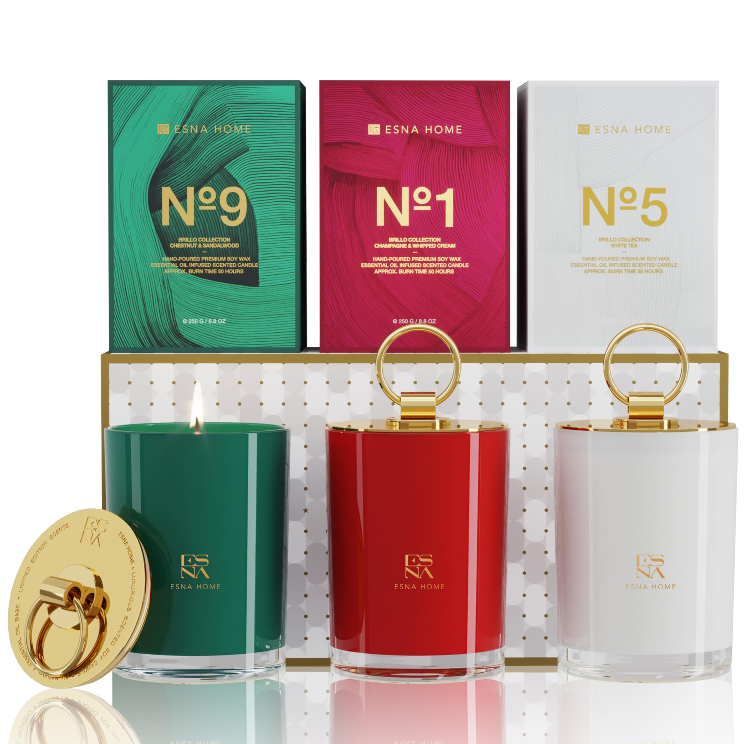 ESNA HOME Luxury Trio Gift Set - 3 Full-Size Aromatherapy Soy Candles | All Natural Scented Candles with 150-Hour Clean Burn | Perfect Holiday Gift Set in Hand-Sealed Box & Matching Sleeve | Ideal for Home Relaxation, Spa Nights & Thoughtful Gifting