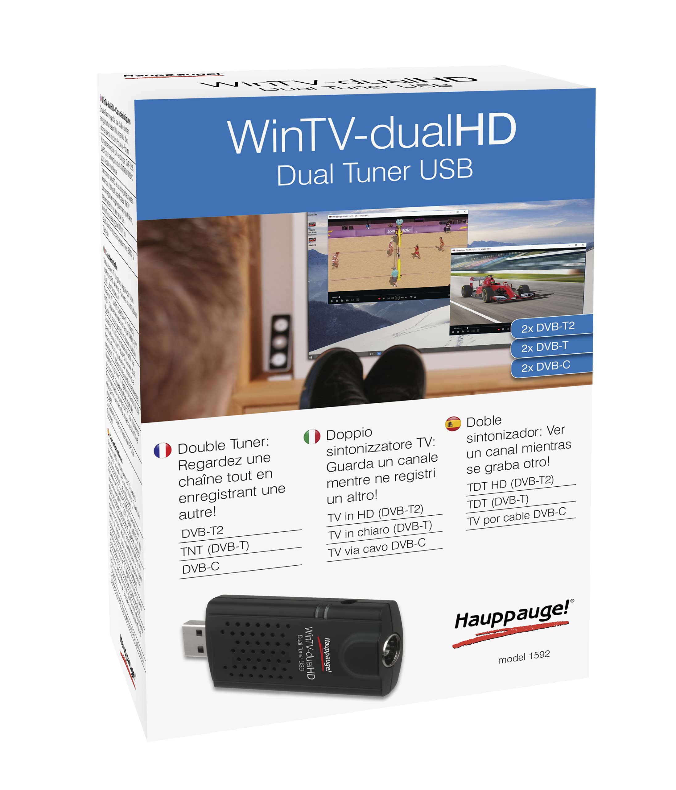 Hauppauge WinTV-dualHD USB TV Tuner Stick - Dual DVB-C/T2/T Support with FB for Live TV Streaming & Recording on PC/Laptop - Perfect for Home Entertainment, Gaming & Digital TV Enthusiasts