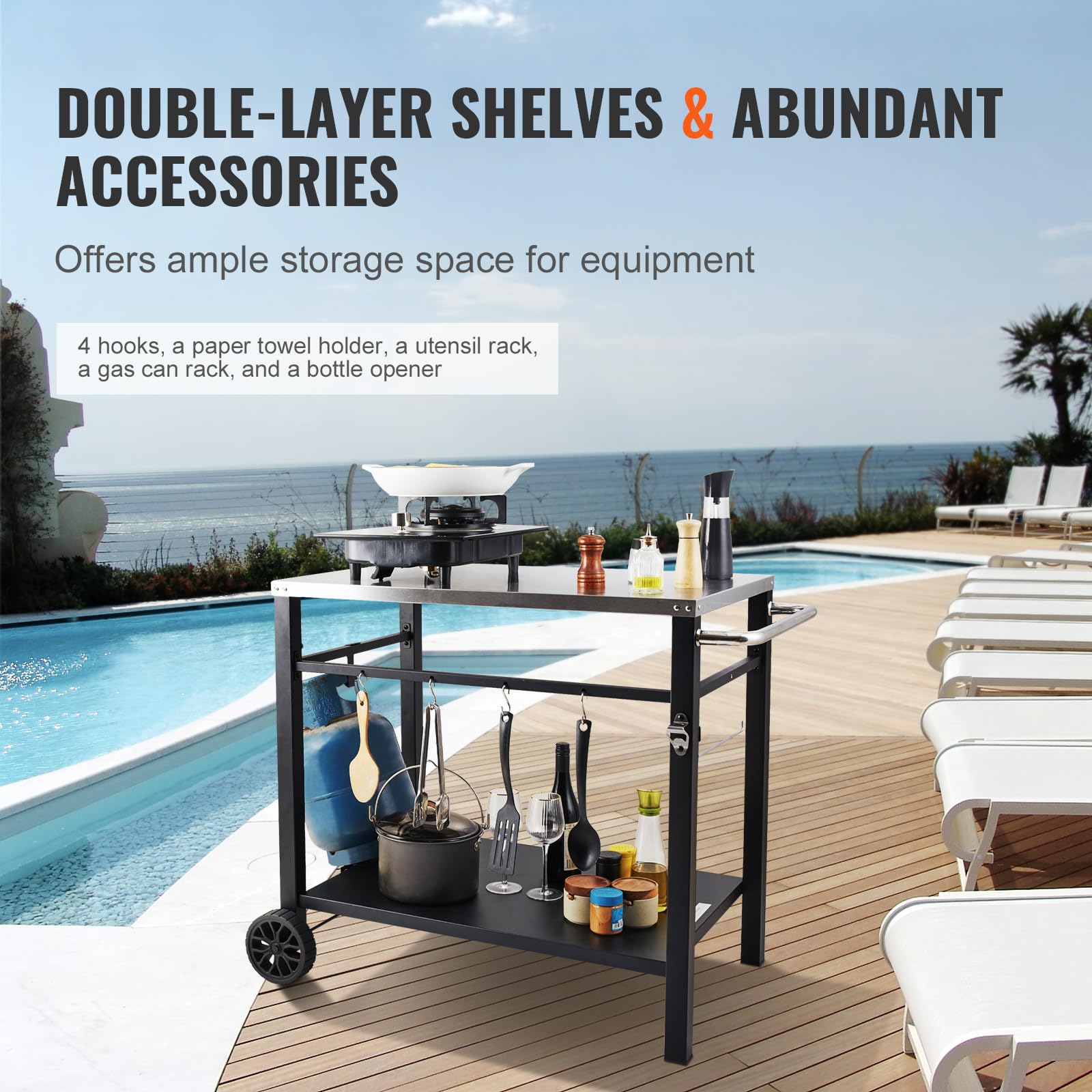 VEVOR Stainless Steel Outdoor Grill Cart with Double Shelves - Portable BBQ Prep Table with Wheels & Handle for Pizza Oven, Camping & Backyard Cooking - Heavy Duty Mobile Workstation for Patio, Garden & Tailgating Parties