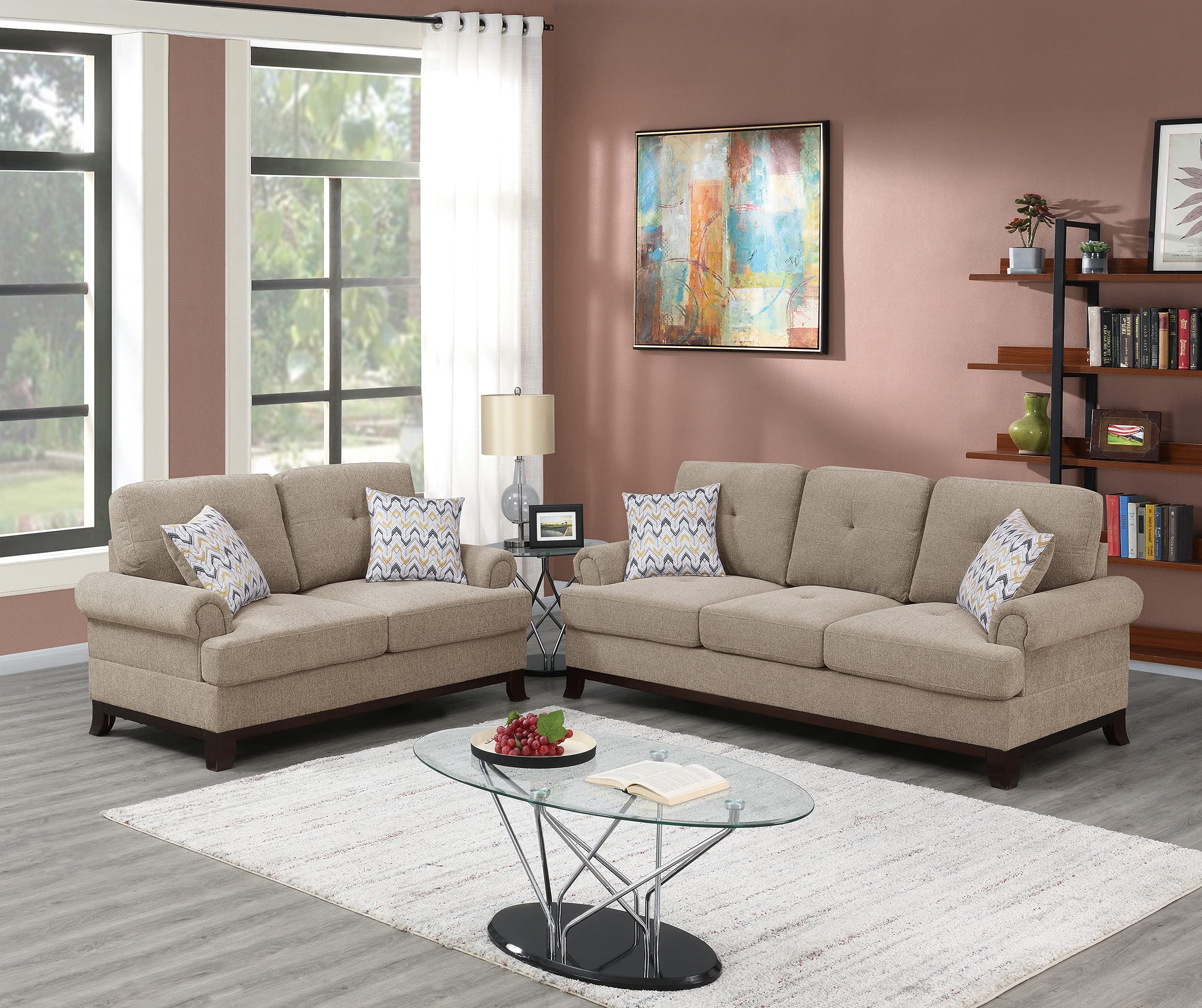 Poundex PDEX-F8839 3-Piece Camel Brown Sofa Set with Cushions - Modern Living Room Furniture for Home, Office, and Lounge Areas
