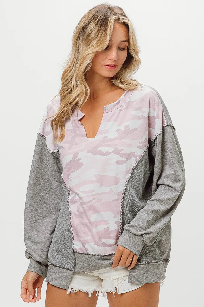 Camo Print French Terry Knit Color Block Top - Women's Stylish Streetwear for Casual Outings & Layering