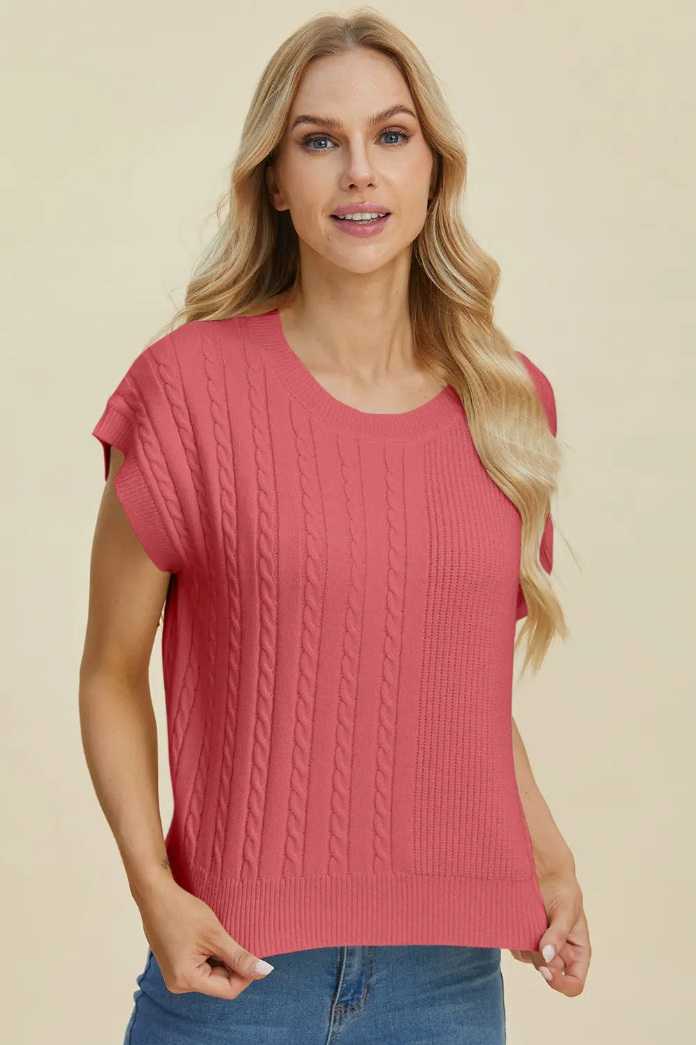 Double Take Full Size Cable Knit Round Neck Short Sleeve Sweater for Women - Cozy Casual Pullover Top for Fall & Winter - Perfect for Office, Date Night and Weekend Outings