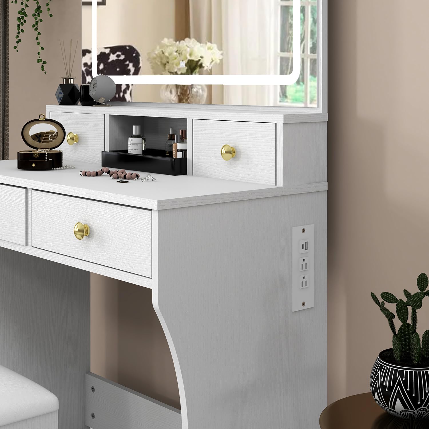 Vanity Desk Set with Adjustable LED Lighted Mirror & Stool - 4-Drawer Makeup Dressing Table with Power Outlet for Girls & Women - Perfect for Bedroom, Dorm, or Home Beauty Station (White)