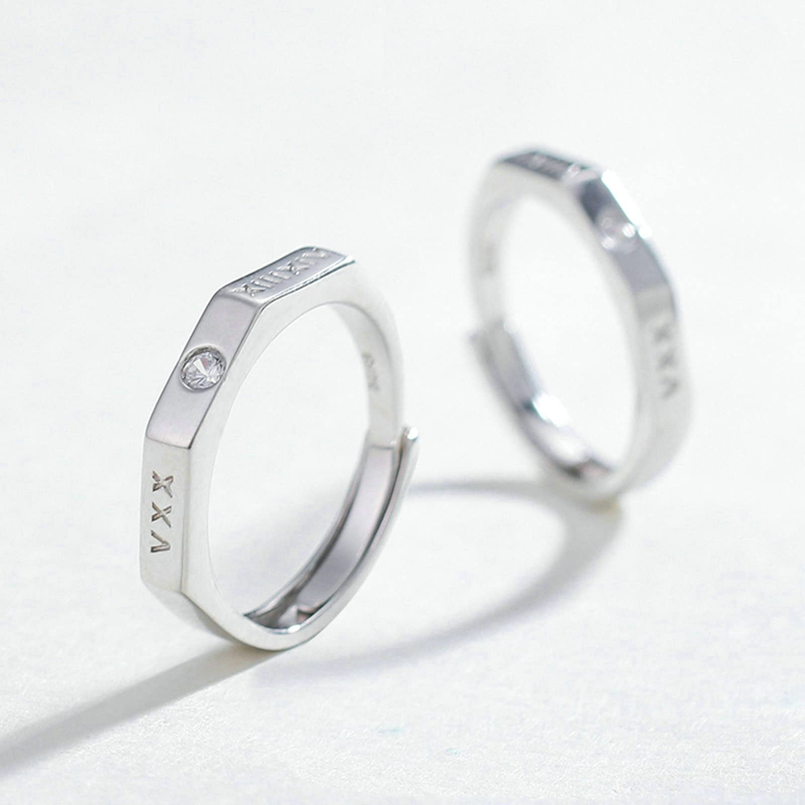 Personalized Sterling Silver Couple Engagement Rings with Roman Numerals & Cubic Zirconia - Adjustable Wedding Bands for Him & Her - Perfect for Anniversaries, Proposals, and Romantic Gifts