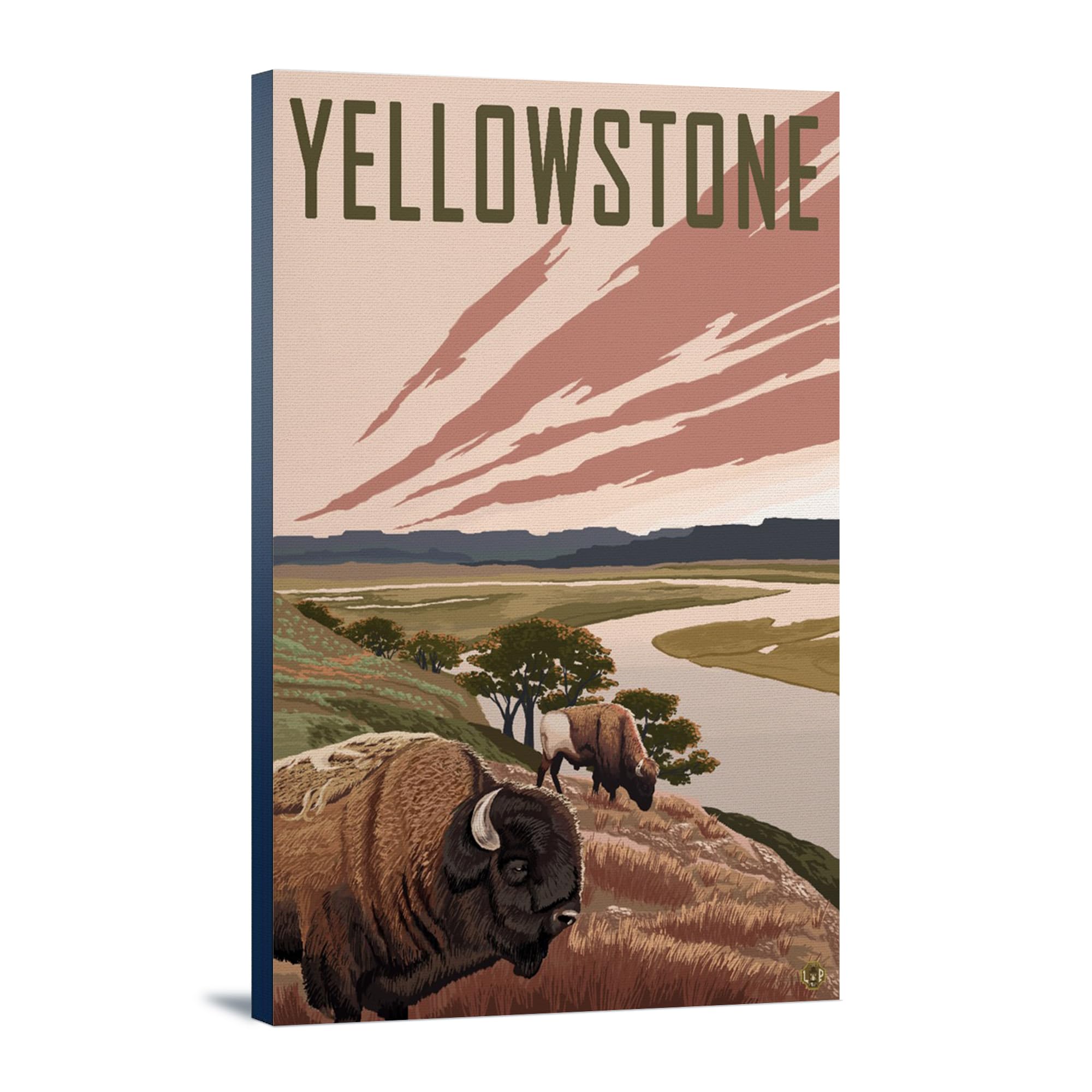 Yellowstone & Theodore Roosevelt National Park Bison Landscape Art - 12x18 Wrapped Canvas Wall Decor for Living Room, Office & Western Home Decor
