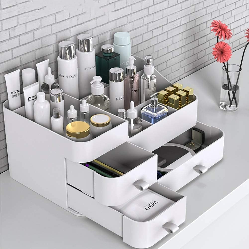 Large Makeup Organizer for Vanity with Drawers - Countertop Cosmetic Storage for Skin Care, Brushes, Eyeshadow, Lipstick & Nail Polish - Perfect for Dresser, Bathroom & Bedroom Organization (White) - Ideal for Daily Beauty Routine and Travel Makeup Storage