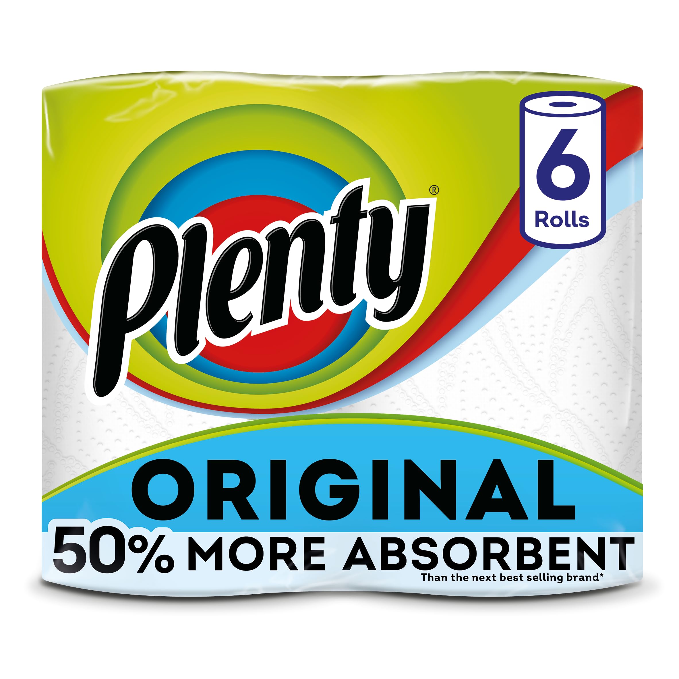 PLENTY Premium 2-Ply Kitchen Paper Towels, 6 White Rolls (600 Sheets) - Strong & Absorbent for Cleaning, Spills & Household Use
