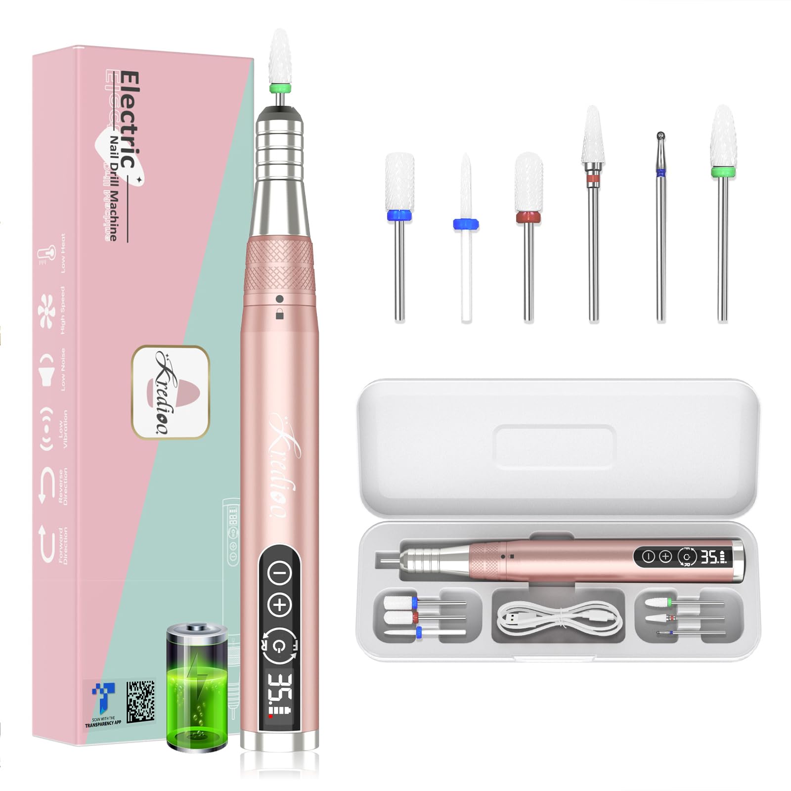 Kredioo 35000RPM Cordless Electric Nail Drill Kit - Rechargeable Portable Nail File with Ceramic Bits & Travel Case for Acrylic, Dip Powder, Gel Polish Removal | Perfect for Home Manicures & Salon Professionals