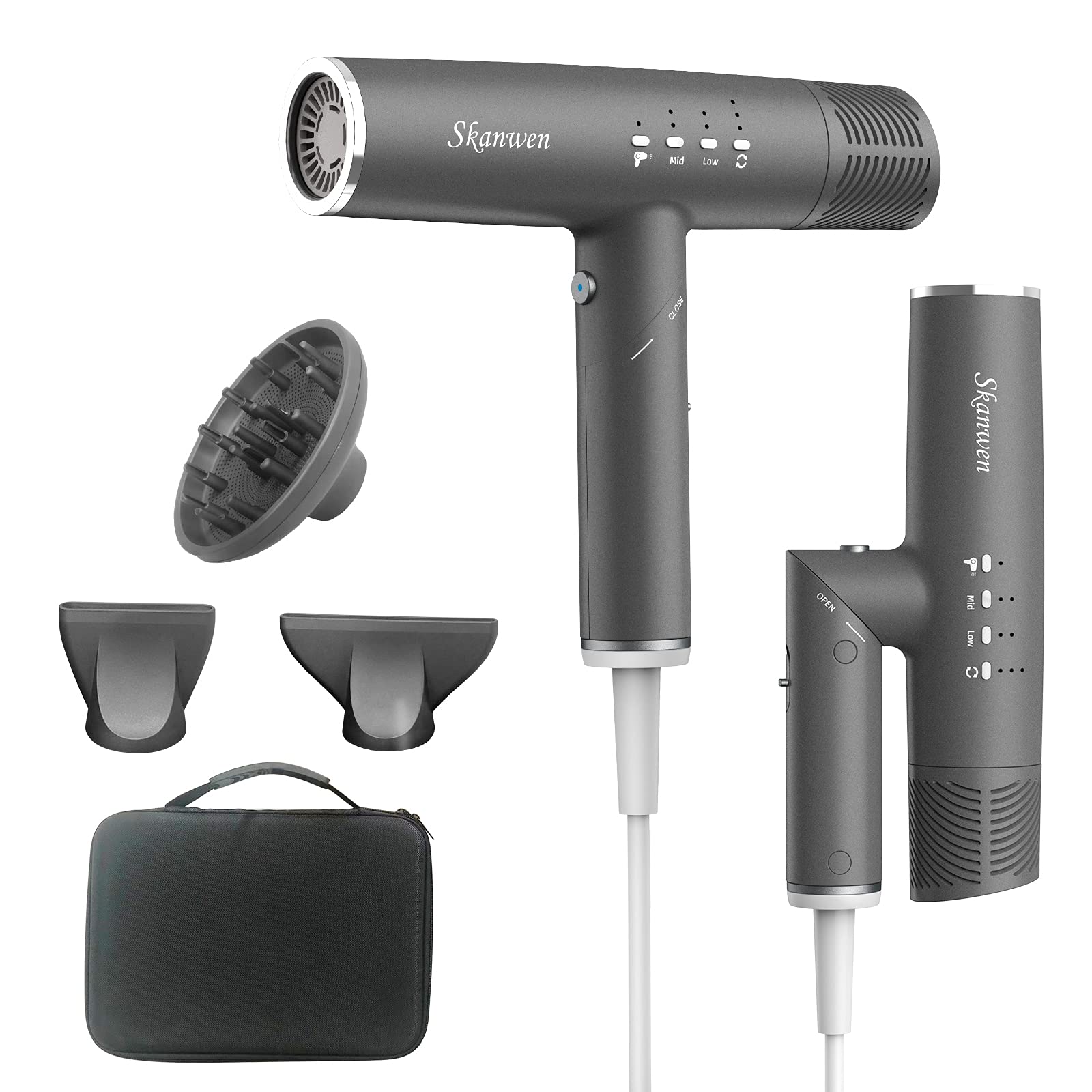 Professional 1400W Hair Dryer with Diffuser - Foldable Blow Dryer with 4 Settings, 3 Speeds & 3 Heat Levels, Includes 2 Nozzles & 1 Diffuser - Lightweight Fast Drying for Home, Travel, Salon & Hotel Use - Perfect for Styling, Volumizing & Gentle Hair Care