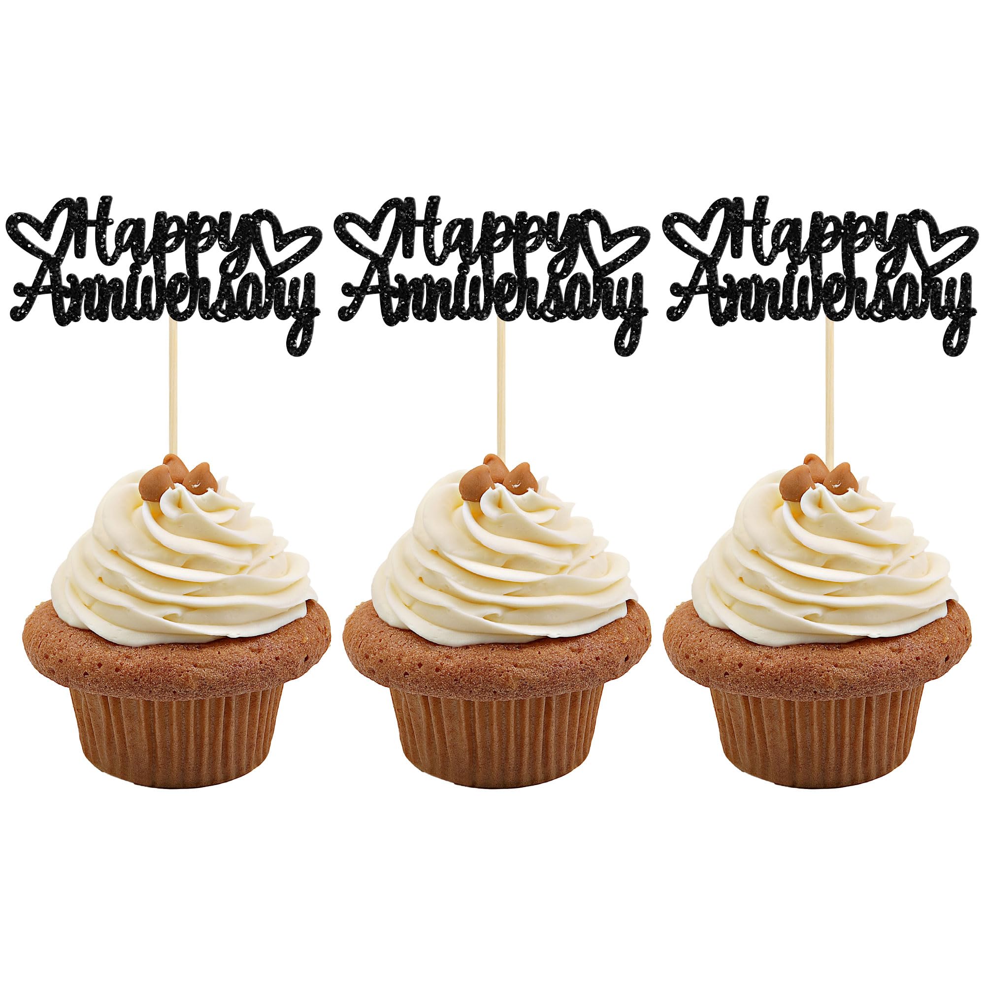 24 Pack Happy Anniversary Cupcake Toppers - Black Glitter Cake Decorations for Wedding, Anniversary & Celebration Parties - Elegant Party Supplies for Special Occasions