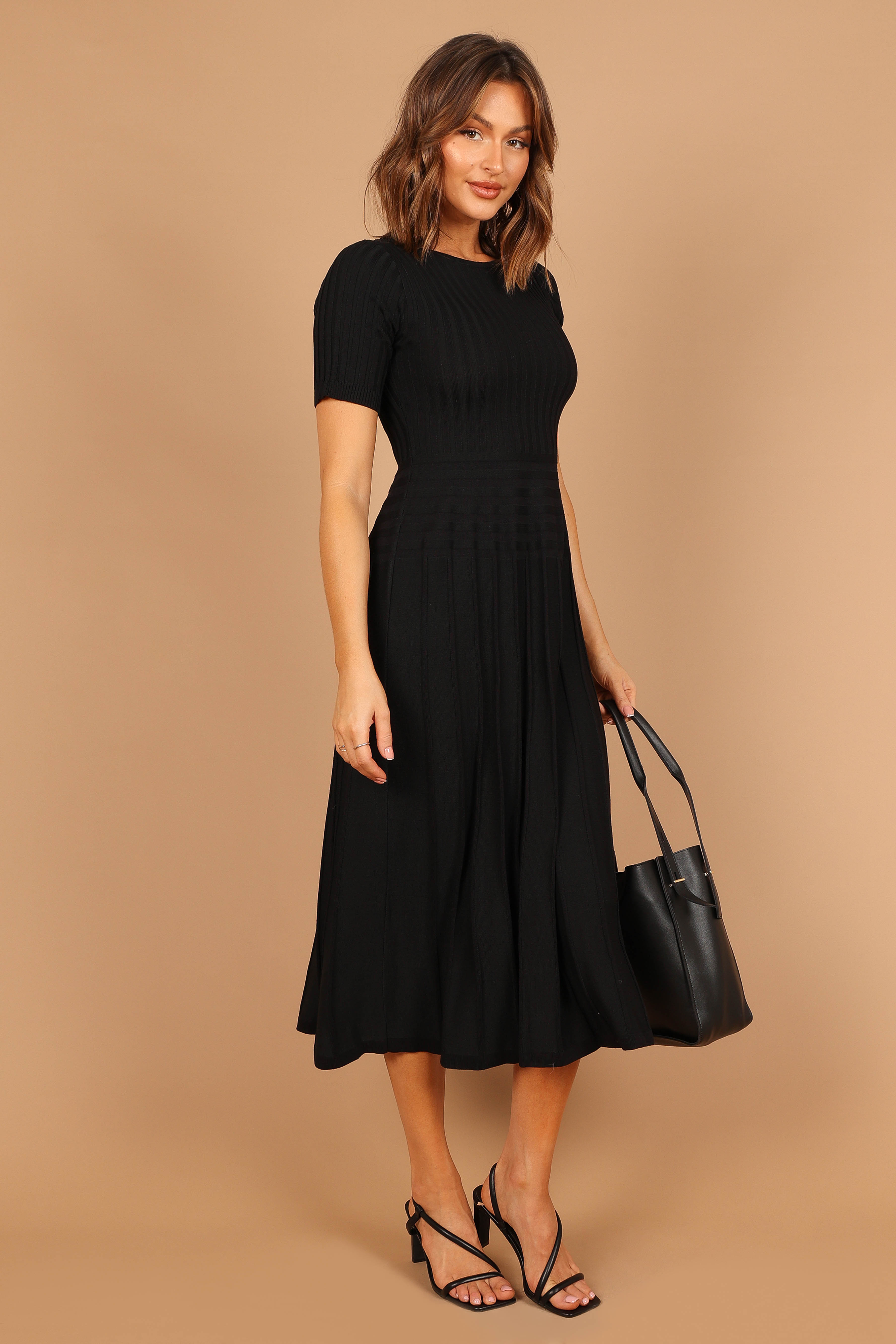 Audrina Knit Midi Dress for Women - Elegant Black Stretchy Bodycon Dress for Casual Wear, Office & Date Night | Plus Size Options Available