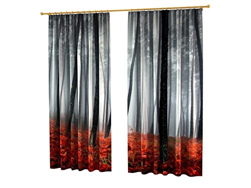 Woodland Curtains Set of 2 - Misty Forest Print Blackout Drapes with Rod Pocket, 84 Inch Length in Gray & Red | Perfect for Bedroom, Living Room, Kitchen & Dining Room Window Treatments | Nature-Inspired Home Decor for Cozy Cabin, Rustic or Modern Interior Design