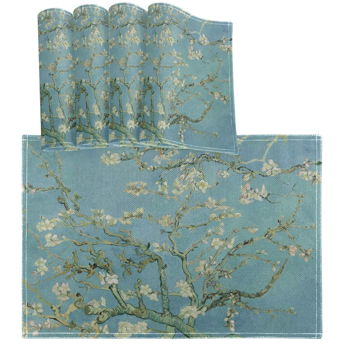 Vincent Van Gogh Almond Blossom Placemats Set of 4 - Heat-Resistant Washable Table Mats for Dining Room Decor - Perfect for Kitchen, Breakfast Nook, and Dinner Party Settings