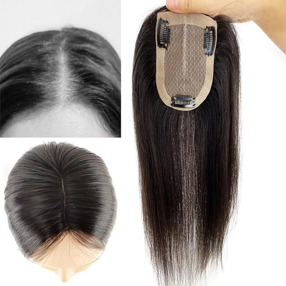 8x12 CM Real Human Hair Topper for Women - Handmade Mono Base Toupee with 3 Clips, Natural Hairline (Natural Black, 10 inches) - Perfect for Thinning Hair, Hair Loss, and Daily Styling