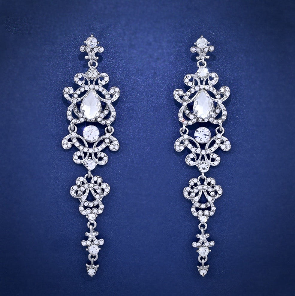 Brenda Silver Rhinestone Bridal Earrings for Women - Elegant Wedding Jewelry, Bride Accessories - Perfect for Weddings, Prom, Parties & Special Occasions