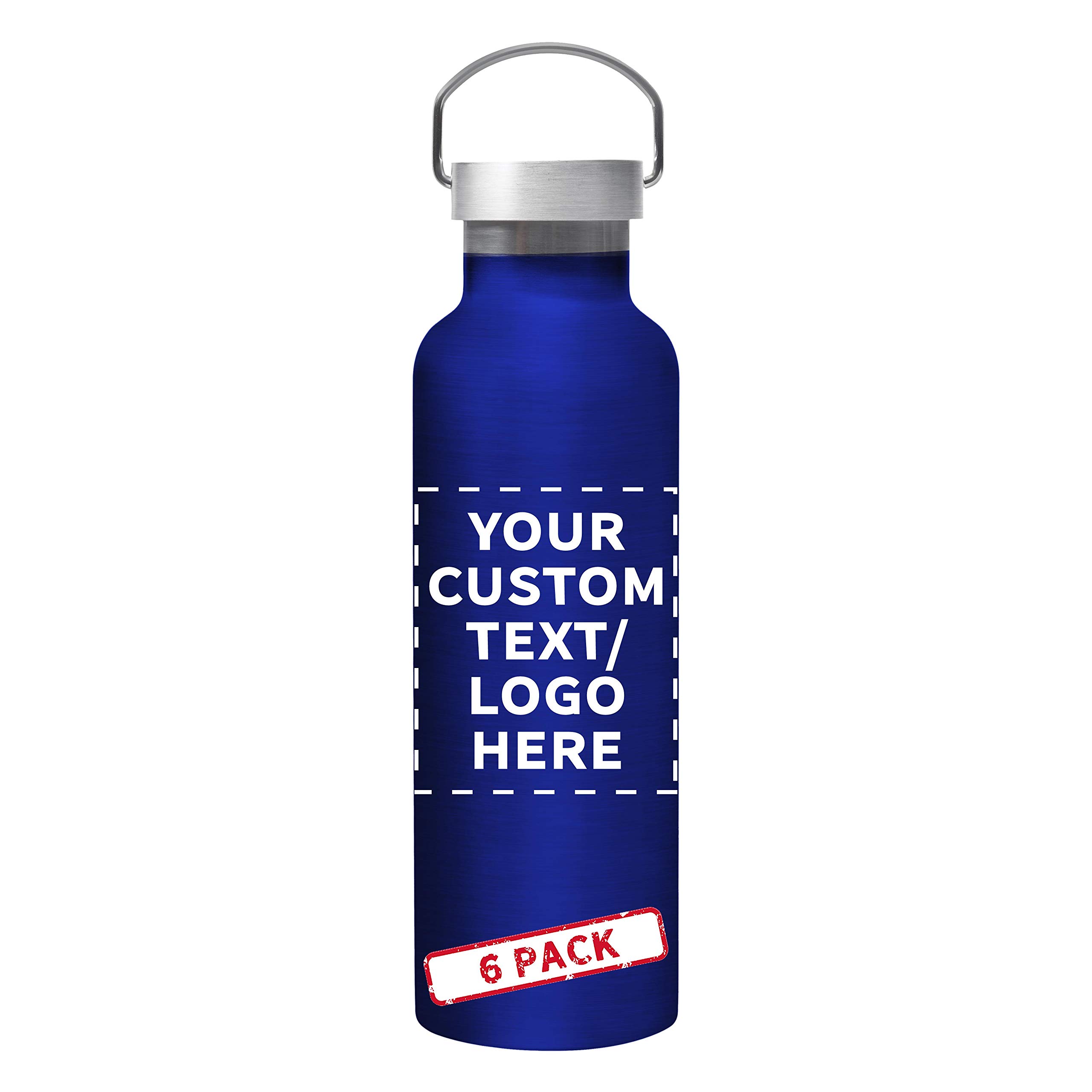 6-Pack 25oz Stainless Steel Water Bottles with Custom Text & Logo - Double Wall Insulated, Wire Handle - Perfect for Camping, Hiking & Outdoor Activities - Blue