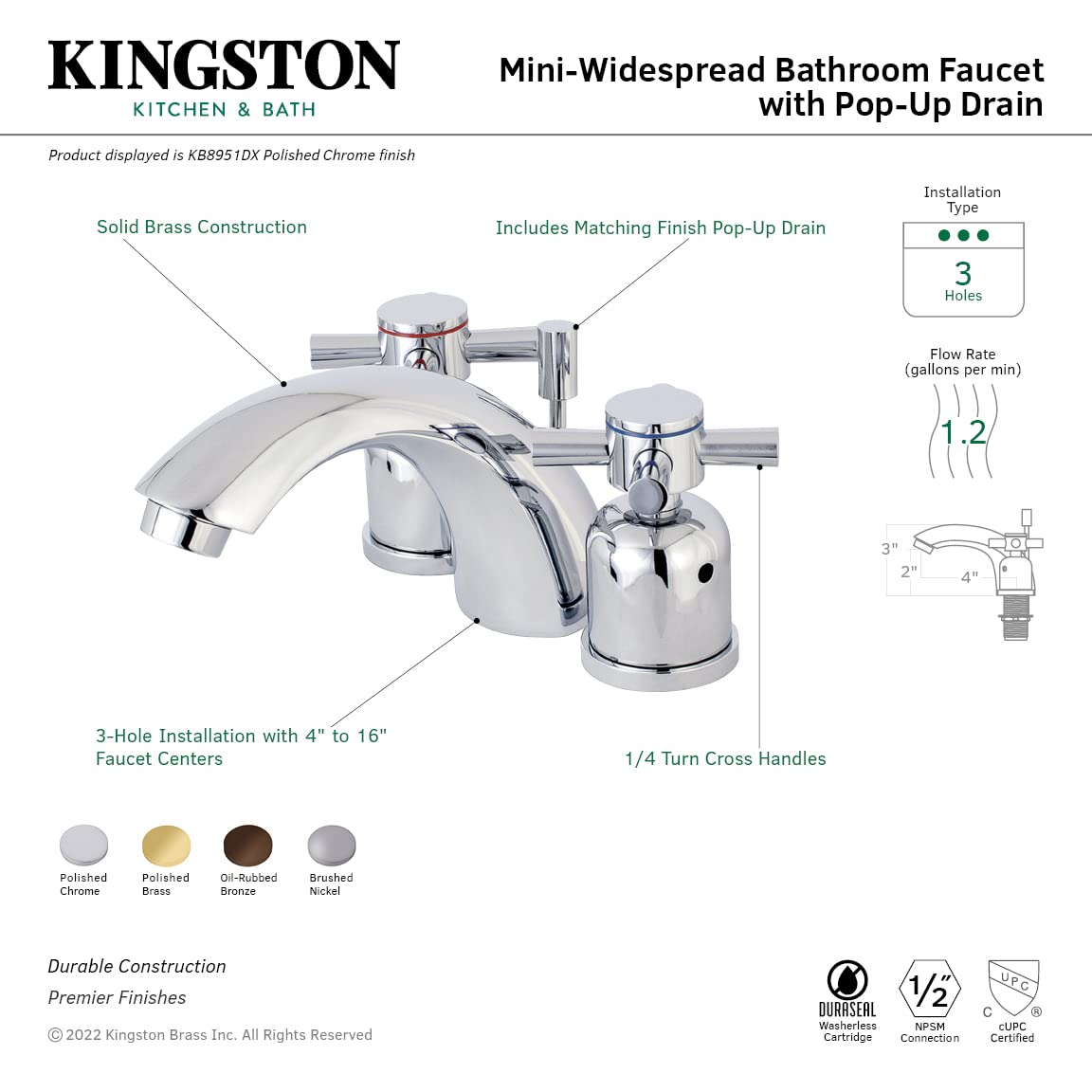 Kingston Brass KB8958DX Concord 4 to 8 Inch Mini Widespread Bathroom Faucet with Pop-Up Drain, Brushed Nickel Finish - Perfect for Small Vanities and Powder Rooms