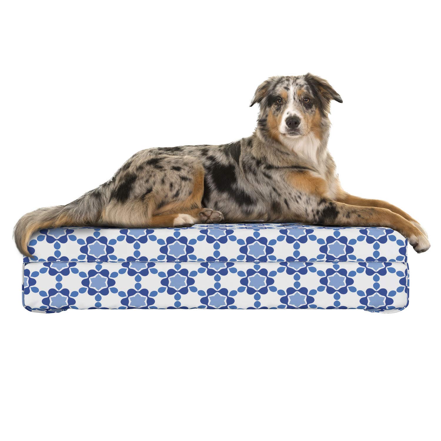 Luxury Moroccan Dog Bed - Hexagonal Honeycomb Ottoman with Oriental Tile Mosaic Design, High Resilience Visco Foam Pet Pillow, 32x24x6 Inches, White Turquoise & Dark Blue - Perfect for Living Room, Bedroom or Pet Lounge Areas