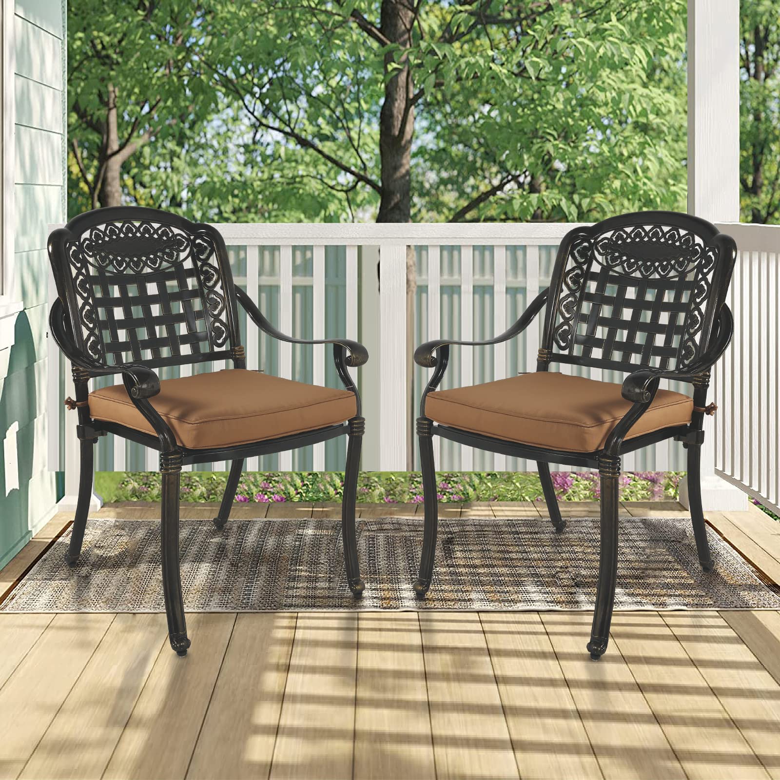 MEETWARM 2-Piece Outdoor Dining Chairs with Cushions - All-Weather Cast Aluminum Patio Bistro Set for Garden, Deck, Backyard - Dark Bronze - Perfect for Outdoor Entertaining and Relaxation