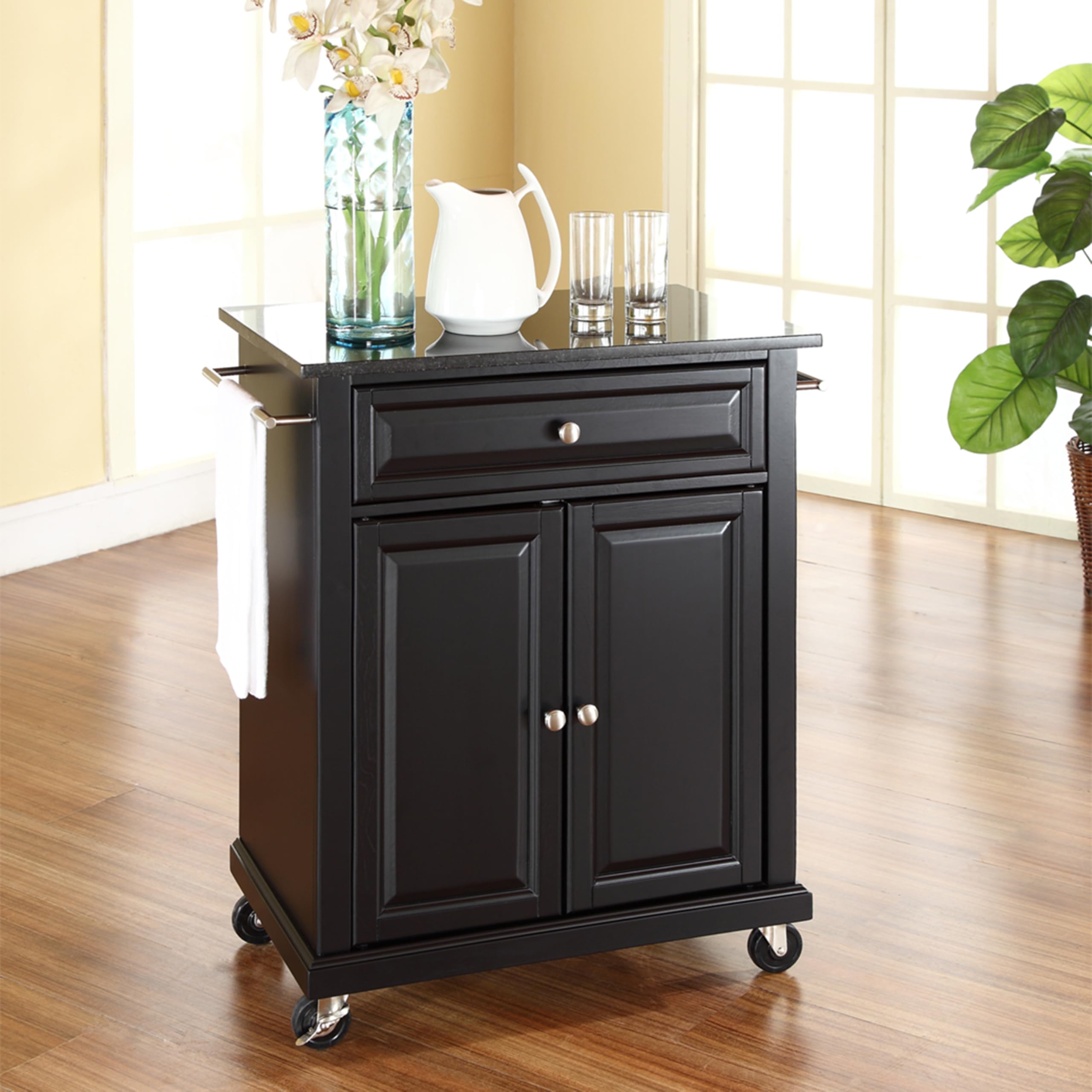 Crosley Compact Granite Top Rolling Cart with Shelves - Microwave Stand, Towel Rack, Small Kitchen Cart for Apartments - Black | Perfect for Small Spaces, Dorm Rooms & Kitchen Organization