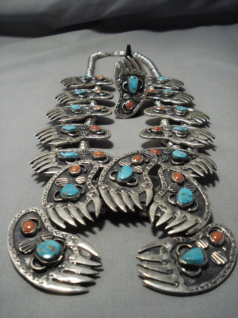 Vintage Navajo Turquoise Coral Sterling Silver Squash Blossom Necklace - 588g Handmade Native American Jewelry for Women, Perfect for Boho Fashion, Weddings & Special Occasions