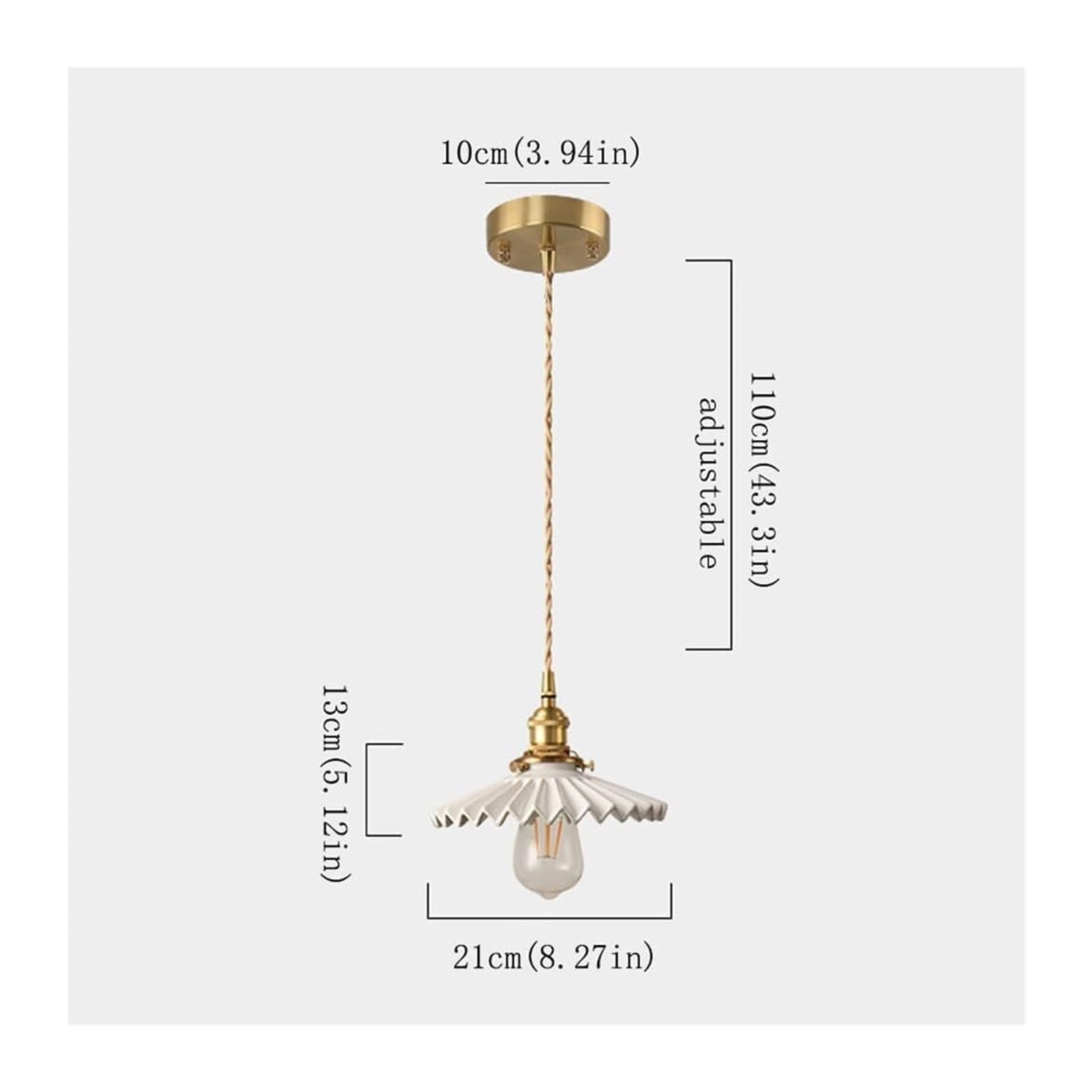 Vintage Gold Farmhouse Pendant Light - Adjustable Glass Single Hanging Chandelier with Pleated Ceramic Shade for Bedroom, Kitchen, Dining Room & Living Room Lighting (White)