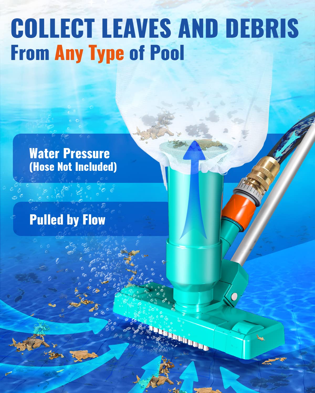 Portable Above Ground Pool Vacuum Cleaner with 3 Scrub Brushes, Mesh Bag & 47