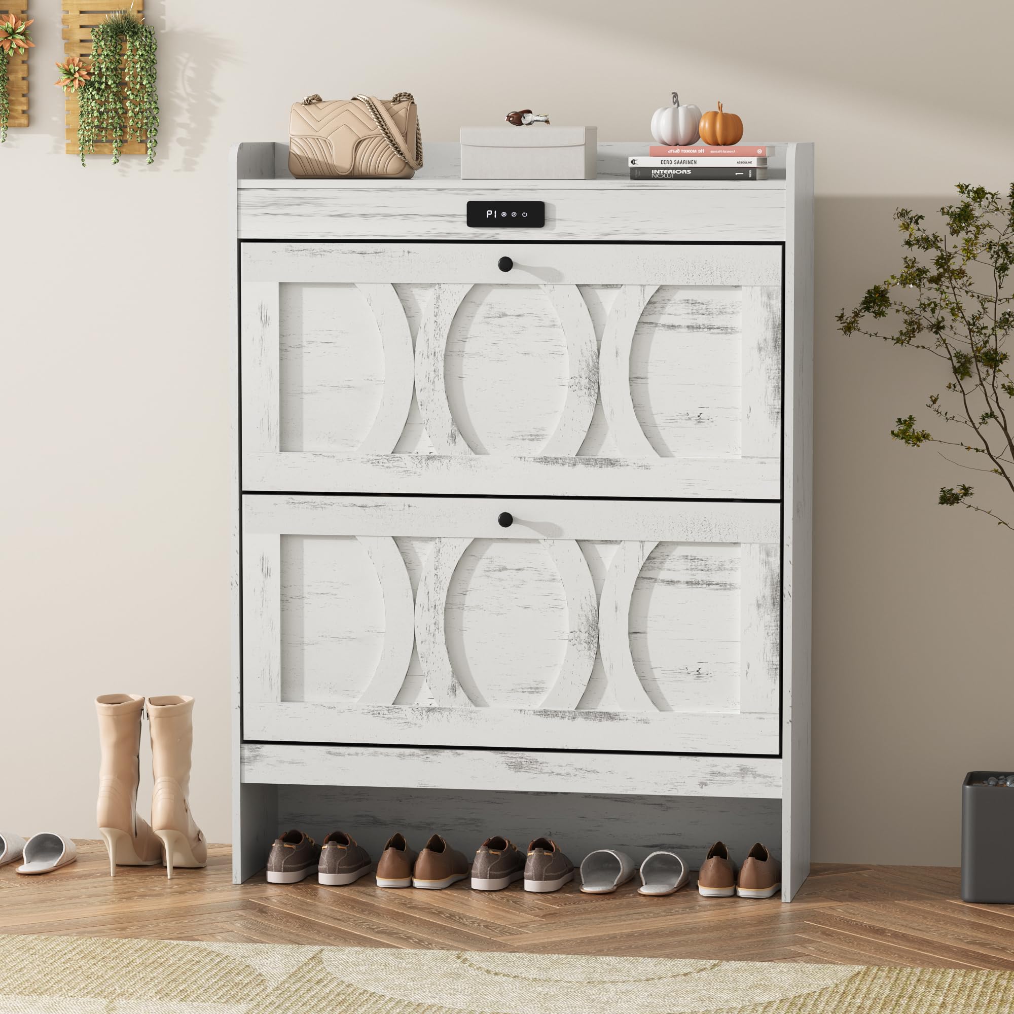 VFF Shoe Storage Cabinet with 2 Flip Drawers - Freestanding Shoe Organizer with Wooden Legs - Narrow Shoe Rack for Hallway, Bedroom & Entryway - Rustic White Finish - Perfect for Small Spaces & Clutter-Free Home Organization