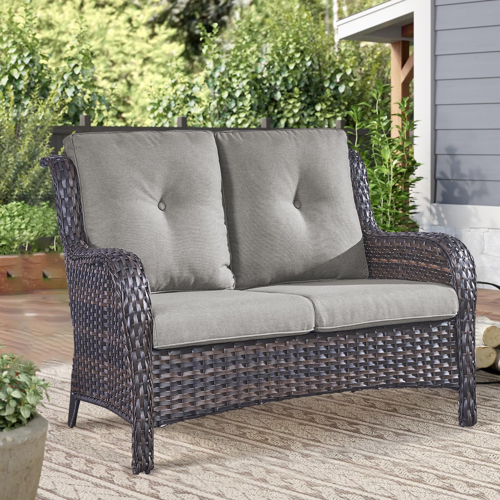 2-Seater Outdoor Loveseat Sofa - High Back Rattan Wicker Patio Couch for Porch, Deck & Backyard - Brown/Grey - Perfect for Relaxing, Entertaining & Sunbathing