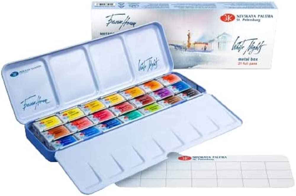 Premium White Nights Extra Fine Artists Grade Professional Watercolor Set - 21 Full Pans in Metal Case by Nevskaya Palitra - Perfect for Studio Painting, Outdoor Sketching & Watercolor Art Projects