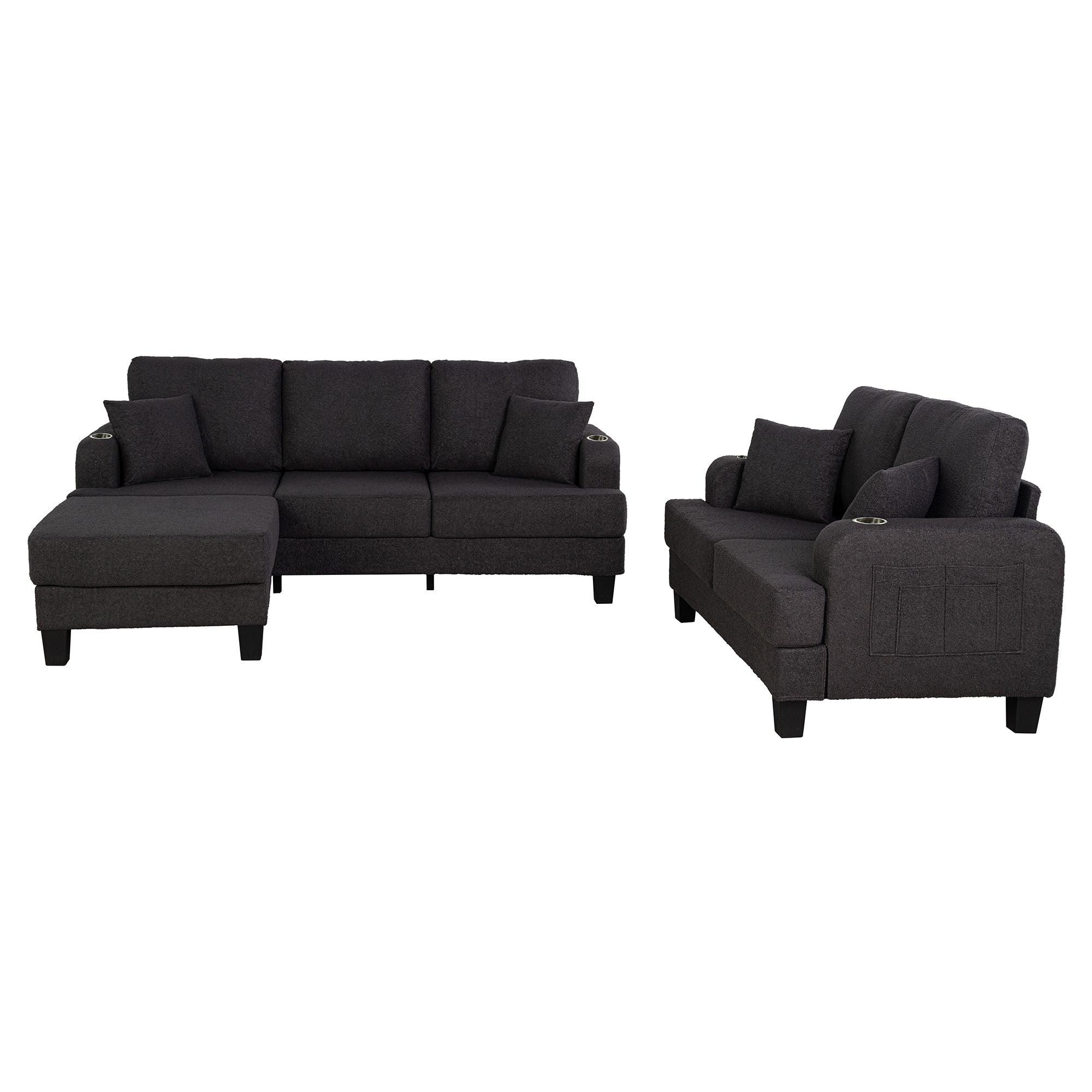 Dark Gray 3-Piece Sofa Set with Storage Ottoman & USB Charging - Modern Living Room Furniture for Small Spaces, Perfect for Apartments, Dorms and Cozy Homes