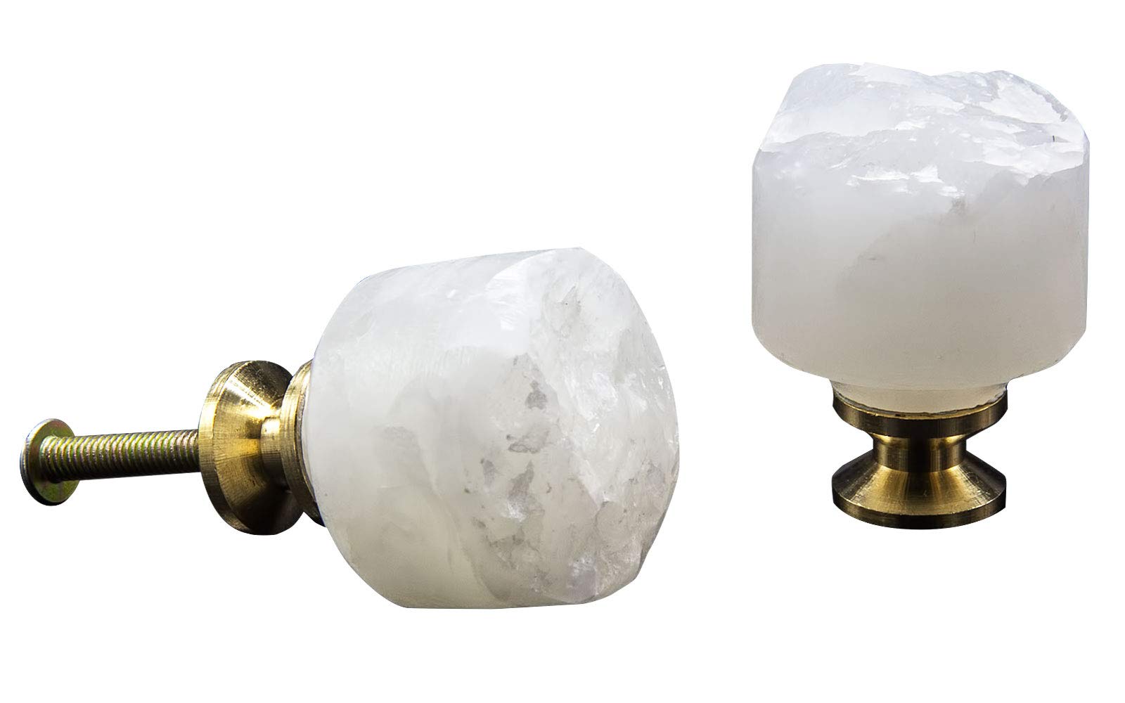 Richoki Natural White Agate Knobs 2-Pack - Brass & Crystal Stone Drawer Pulls for Kitchen & Dresser