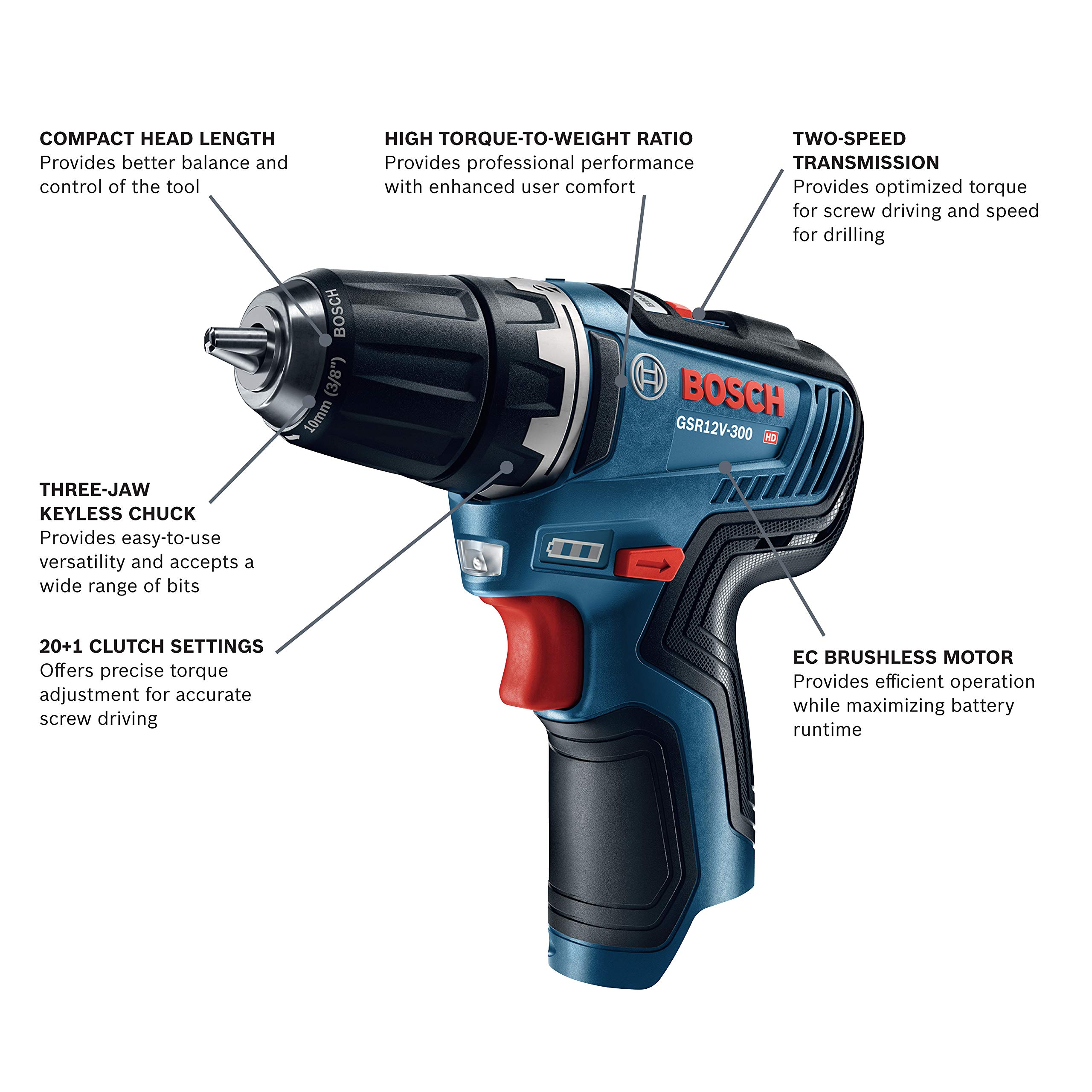 Bosch GSR12V-300N 12V Max EC Brushless 3/8 Inch Cordless Drill Driver (Bare Tool) - Perfect for DIY Projects, Home Repairs & Professional Construction Work