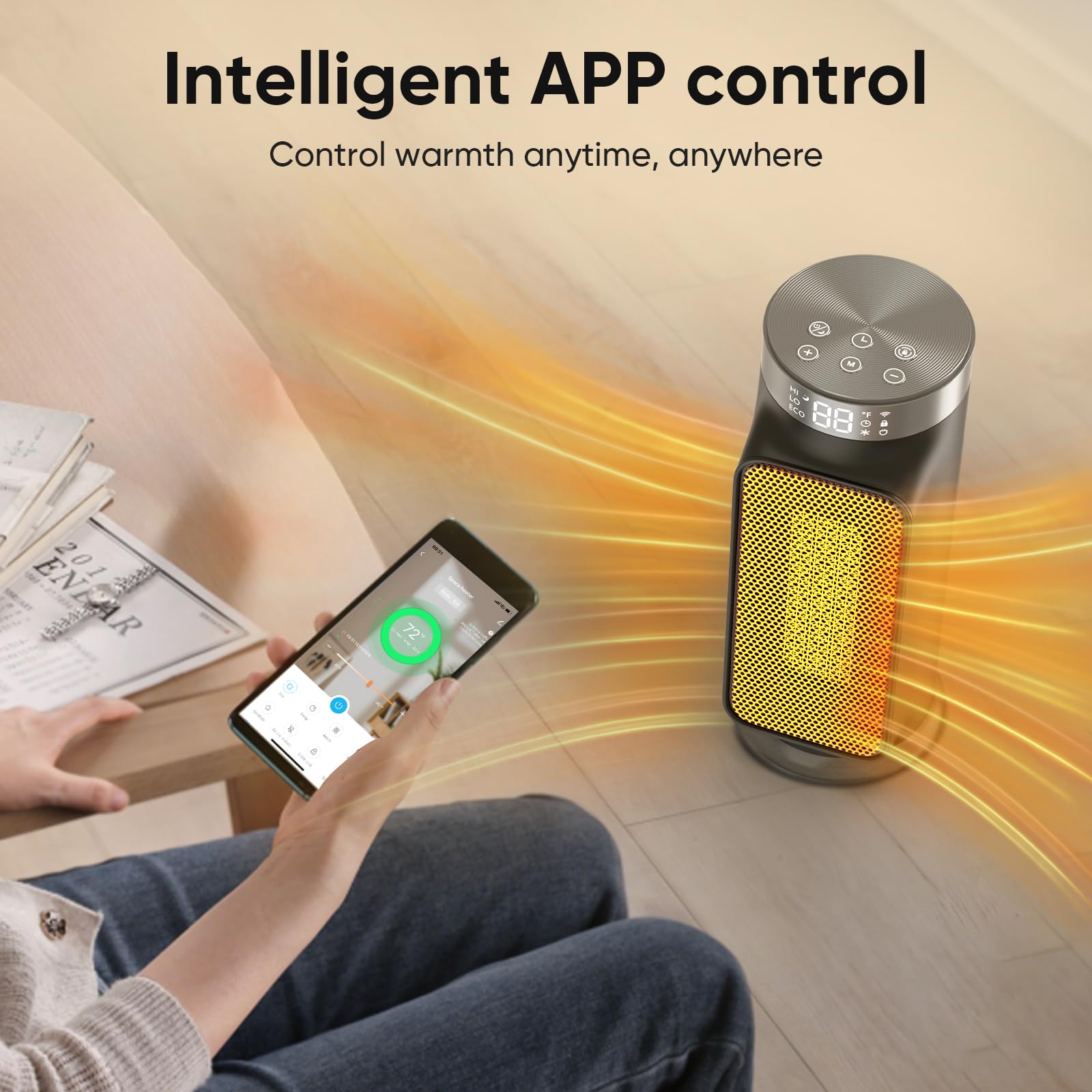 1500W Smart WiFi PTC Space Heater with Remote Control & App - 24H Timer, 90° Oscillation, Overheat & Tip-Over Protection, 5 Heating Modes for Home, Office, Bedroom, Bathroom - Perfect for Winter Warmth & Energy Efficient Heating