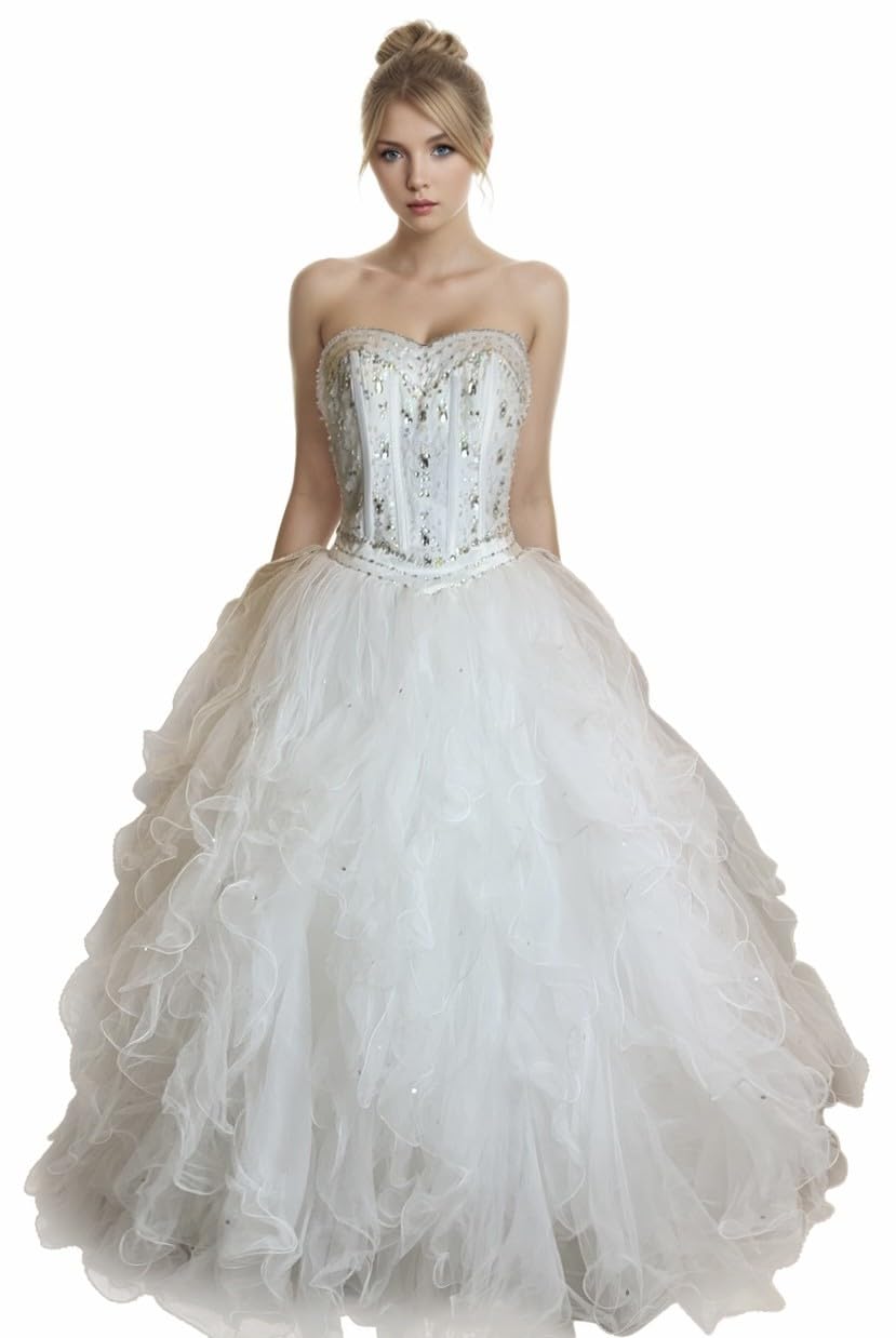 Elegant Meier Women's Strapless Corset Beaded Quinceanera Ruffle Wedding Ball Gown - Perfect for Quinceañeras, Prom, Bridal Parties & Formal Events