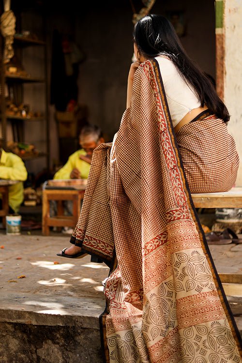 Handblock Printed Chanderi Silk Saree - Authentic Indian Bagru Print - Elegant Women's Traditional Wear for Weddings & Festivals