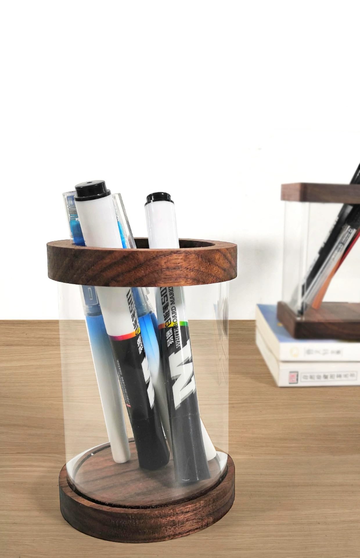 JUTSTJUKO Acrylic Wood Pencil Pen Holder Cup - Modern Desk Organizer for Office, School & Home - Makeup Brush Storage & Stationery Holder (Round Walnut) - Perfect for Workspace, Vanity & Study Desk Organization