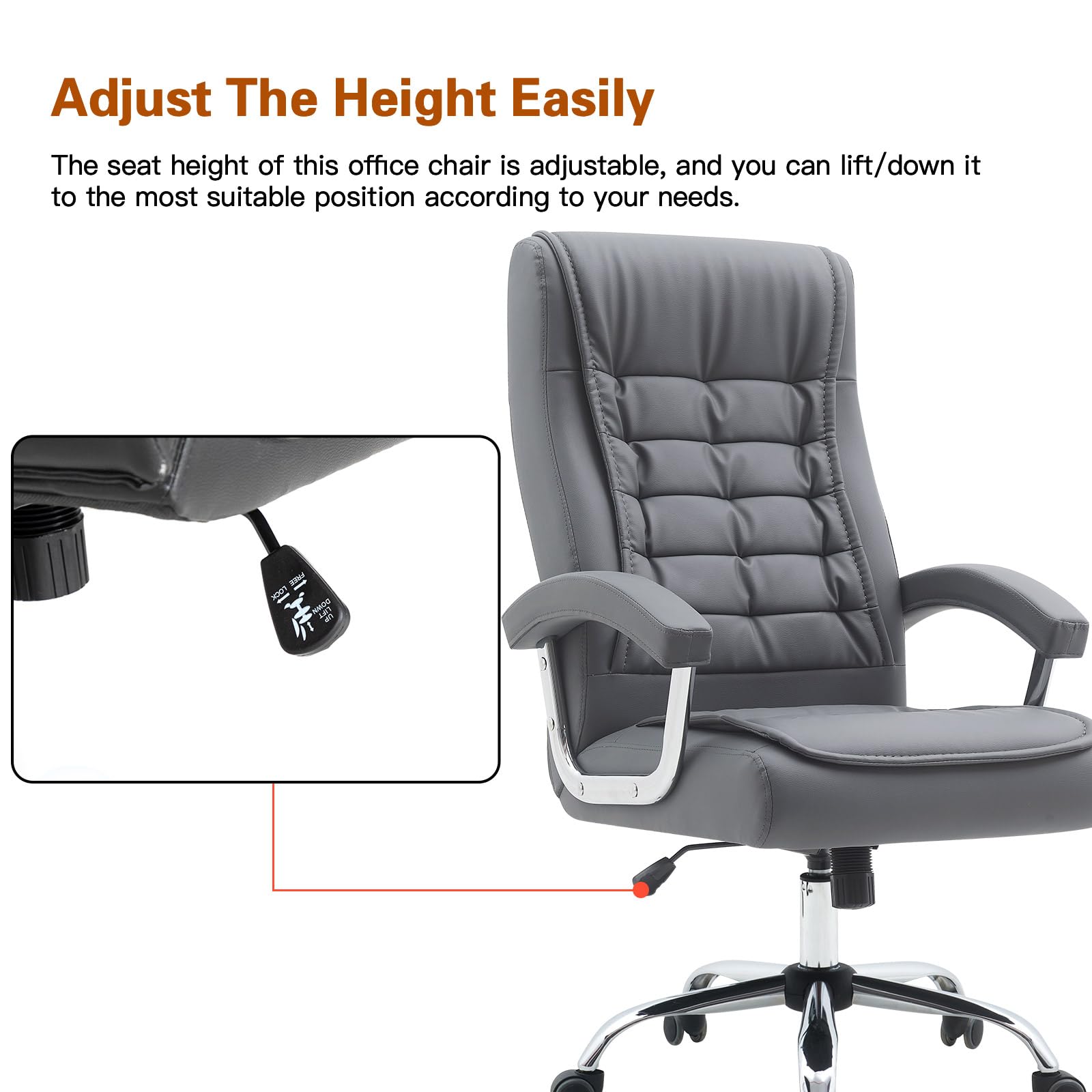 Premium Adjustable High Back Executive Office Chair - Ergonomic Leather Swivel Desk Chair with Padded Armrests & Spring Seat - Supports 350lbs - Home Office Computer Task Chair (Gray) - Perfect for Long Work Hours, Video Conferencing & Remote Work Comfort