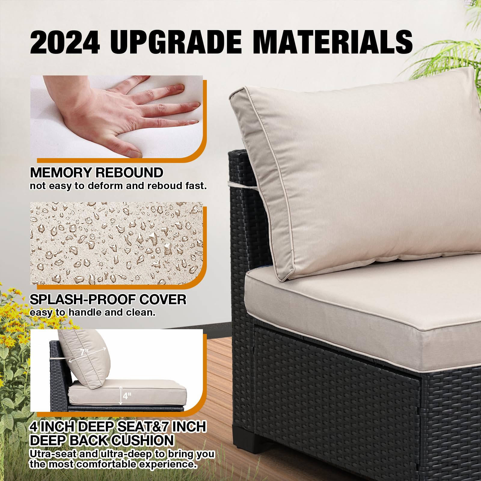 6-Piece All-Weather Outdoor Wicker Patio Furniture Set - Rattan Sectional Sofa with Cushions & Glass Coffee Table - Beige Conversation Set for Porch, Poolside, Garden or Backyard Relaxation