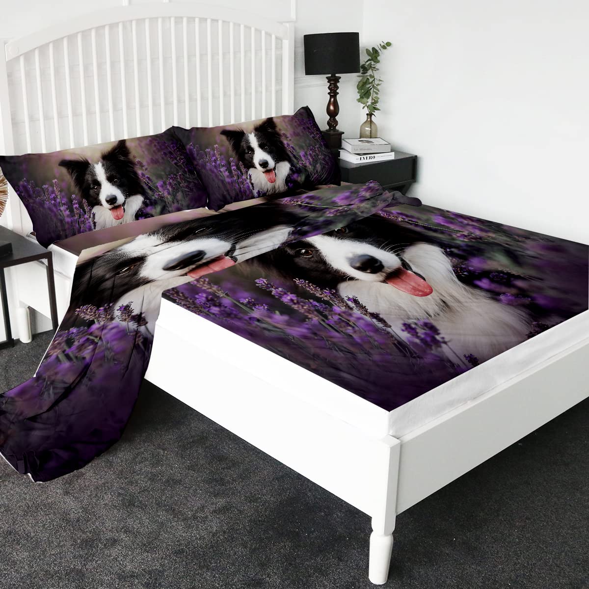 Premium Queen Size Border Collie Dog Print Sheet Set - 4 Piece Black & White Dog Bedding with Fitted Sheet, Flat Sheet & 2 Pillowcases | Soft Lavender Floral Design for Pet Lovers | Perfect for Guest Rooms, Dog Themed Bedrooms & Cozy Home Decor