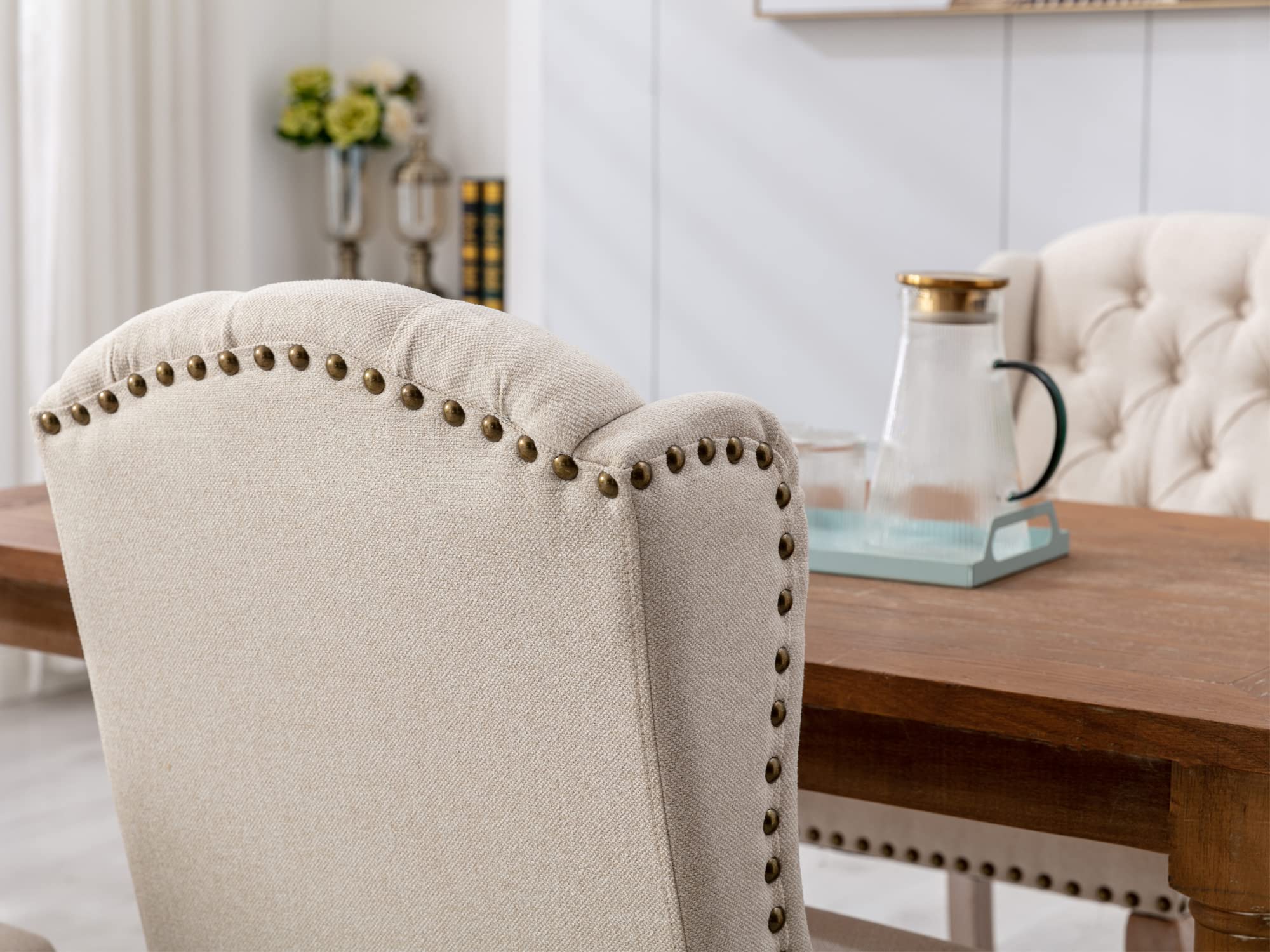 Farmhouse Upholstered Dining Chairs Set of 2 - Cream Tufted Fabric Accent Chairs with Wooden Legs for Kitchen, Dining Room, Living Room & Bedroom - Perfect for Farmhouse Decor, Family Gatherings and Cozy Home Dining