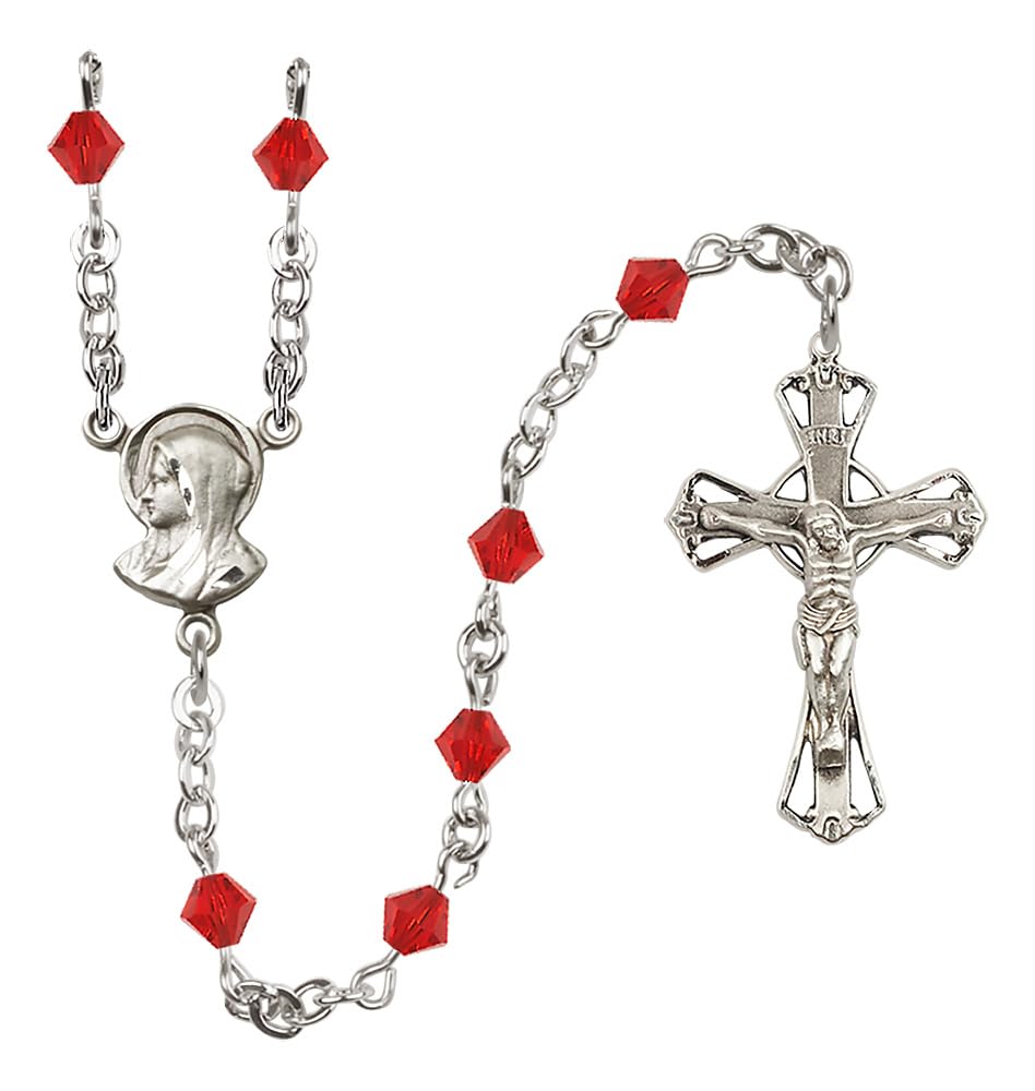 Sterling Silver Rosary Necklace with 5mm July Red Round Beads & Crucifix - 1 1/4